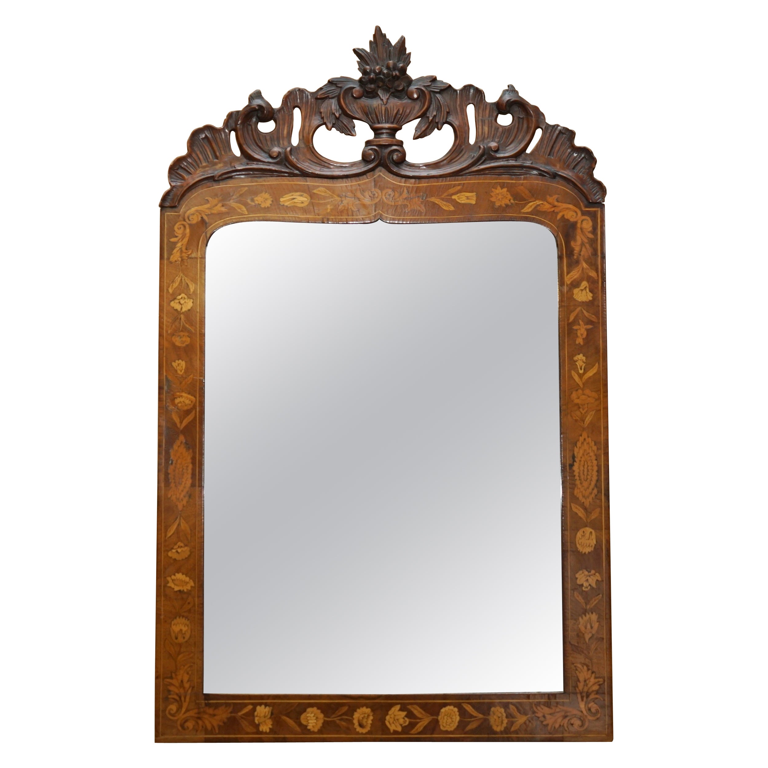 ORNATELY DECORATED ANTiQUE DUTCH MARQUEtry INLAY WALL MIRROR SUBLIME CARVINGS