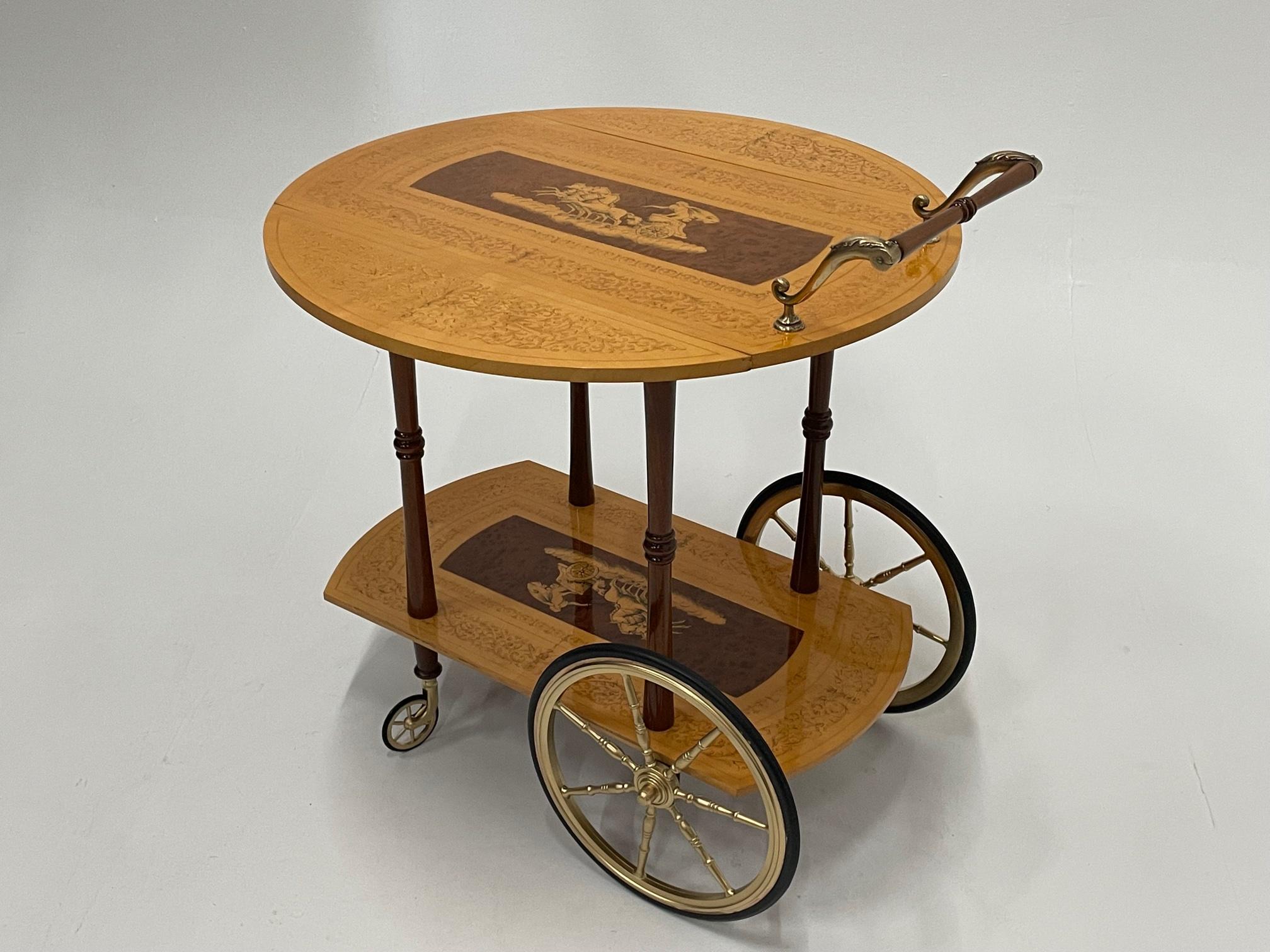 Ornately Decorated Italian Birch & Mahogany Inlaid Bar Cart with Chariot Scene 5