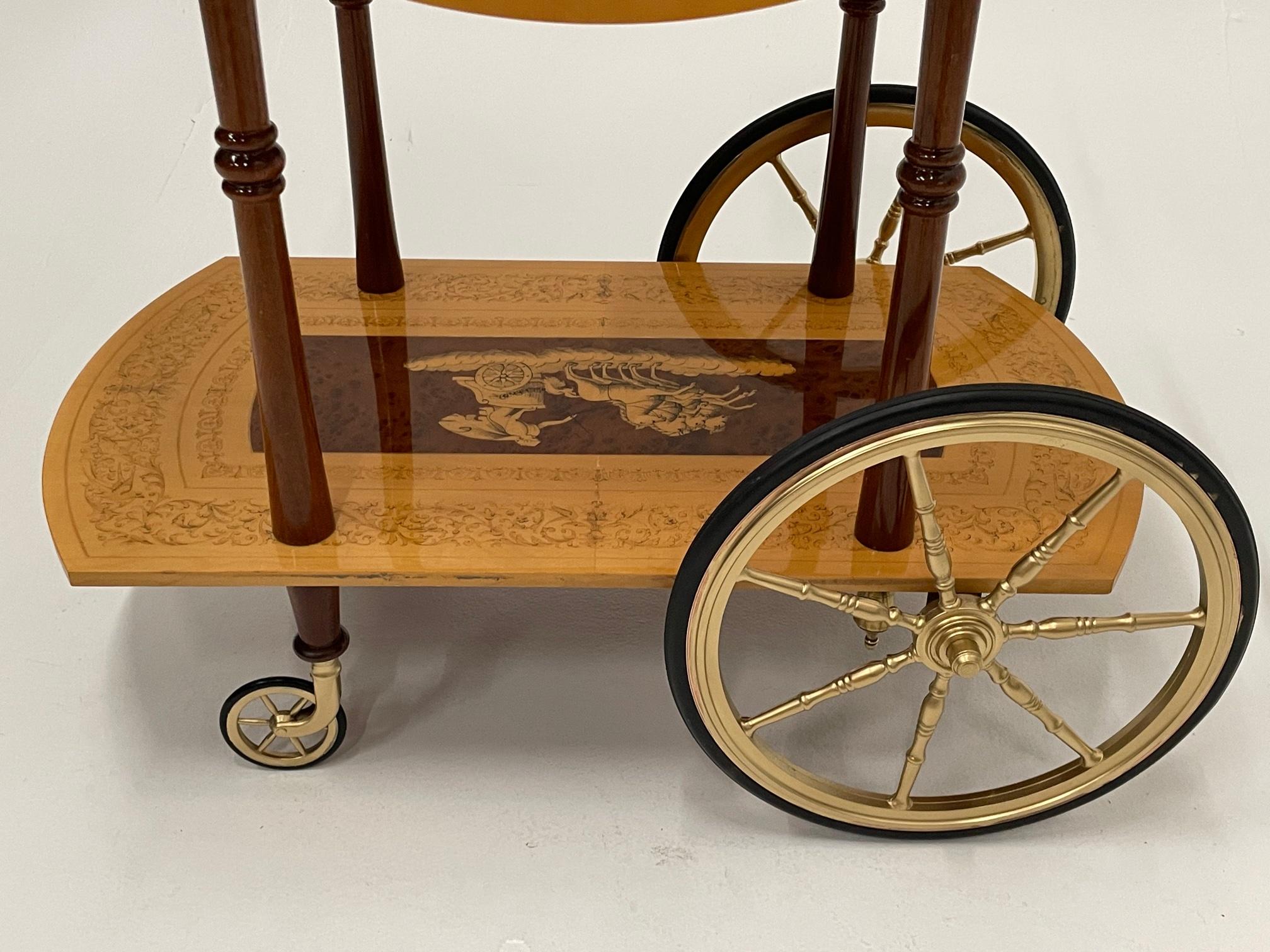 Ornately Decorated Italian Birch & Mahogany Inlaid Bar Cart with Chariot Scene 10