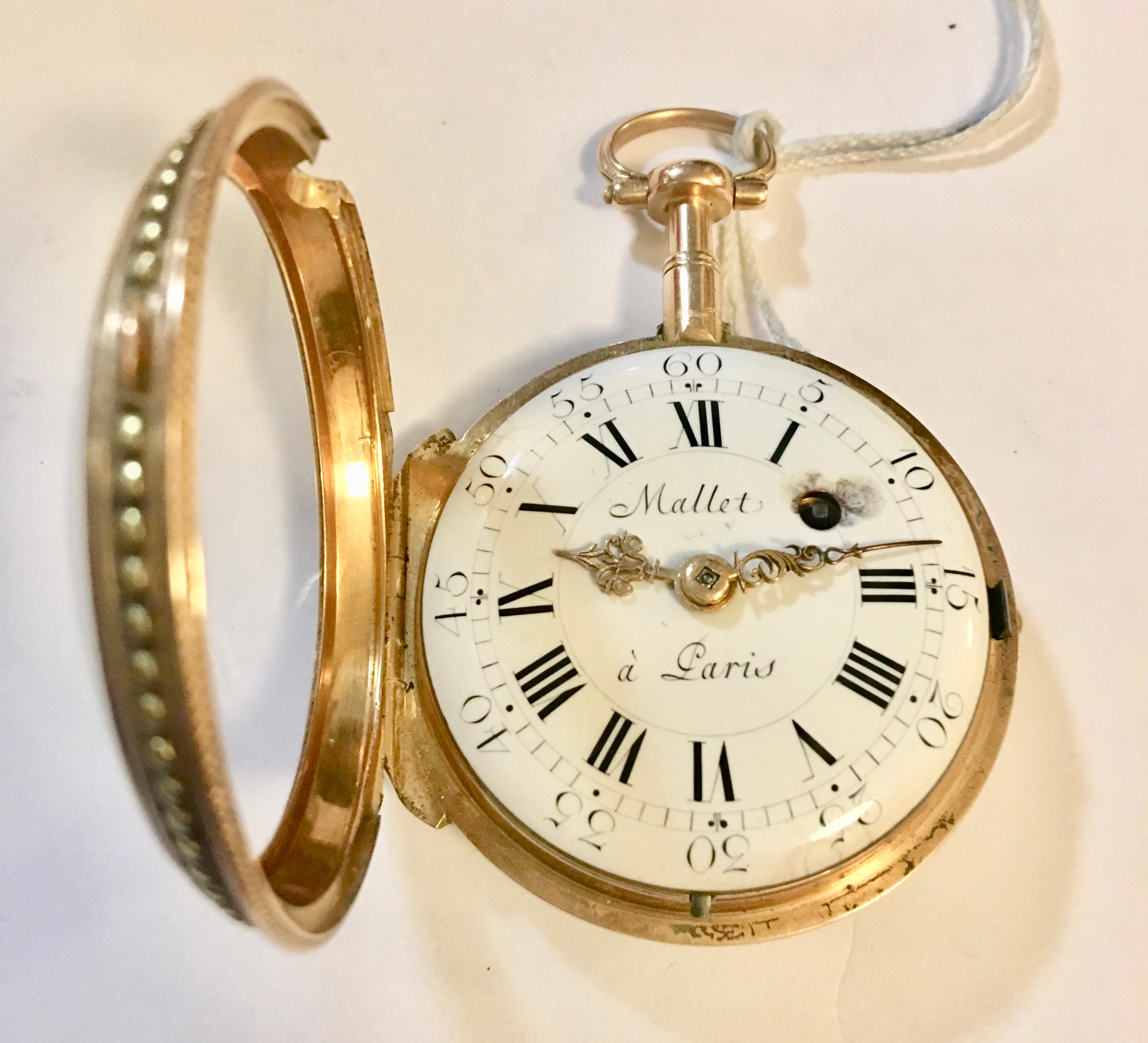 Mid-19th Century Ornately Designed 18-Karat Tri-Color Gold Pocket Watch by Mallet A Paris For Sale