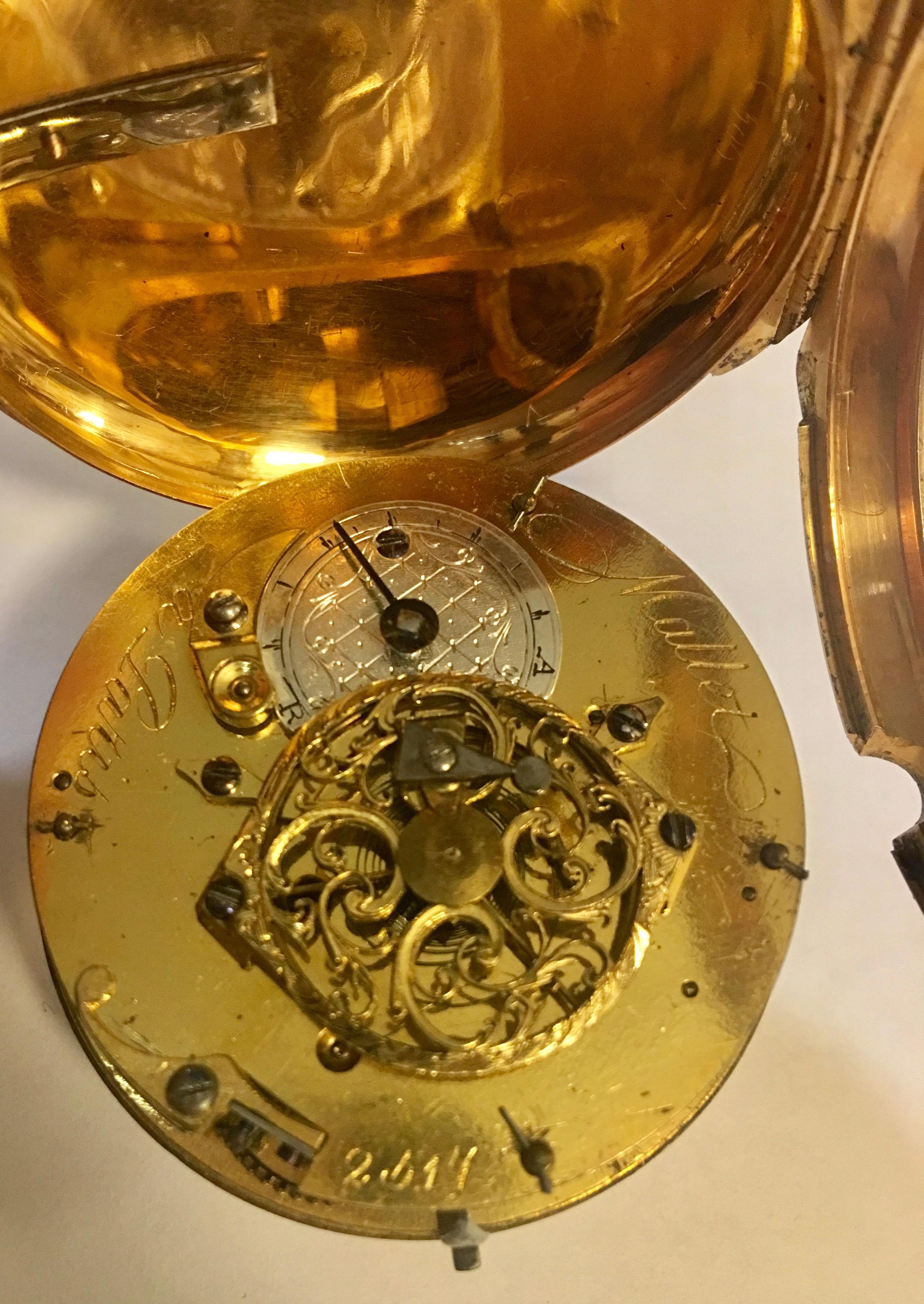 Rare & Early Verge Fusee 18 Karat Tri-Color Gold Pocket Watch by Mallet A Paris For Sale 1