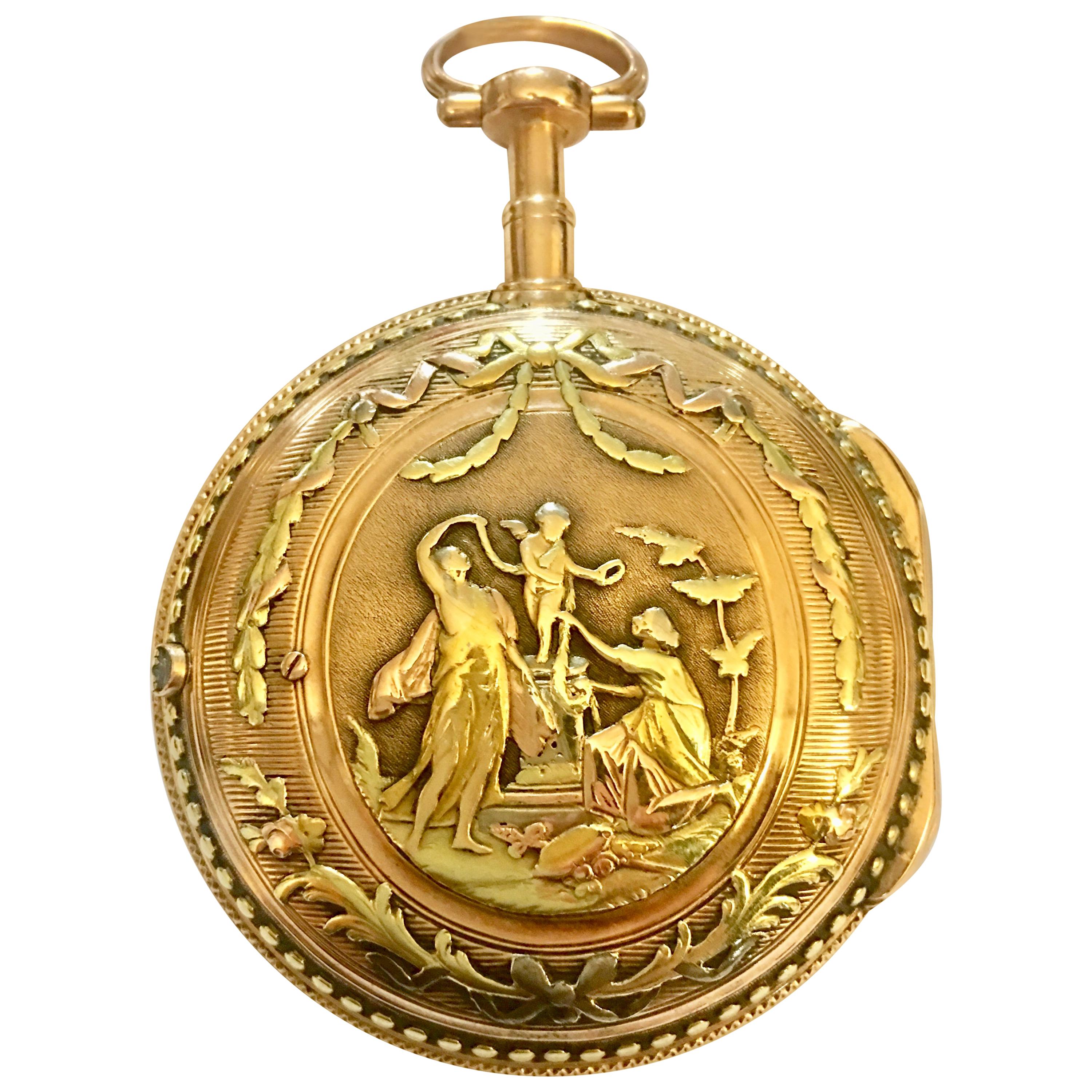 Rare & Early Verge Fusee 18 Karat Tri-Color Gold Pocket Watch by Mallet A Paris For Sale
