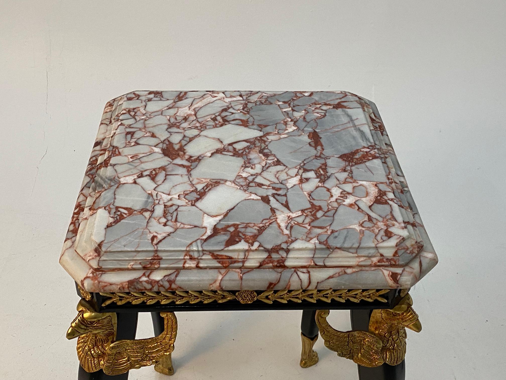 Louis XVI Ornately Elegant Eagle Motife Ebonized and Gilt Bronze End Table with Marble Top