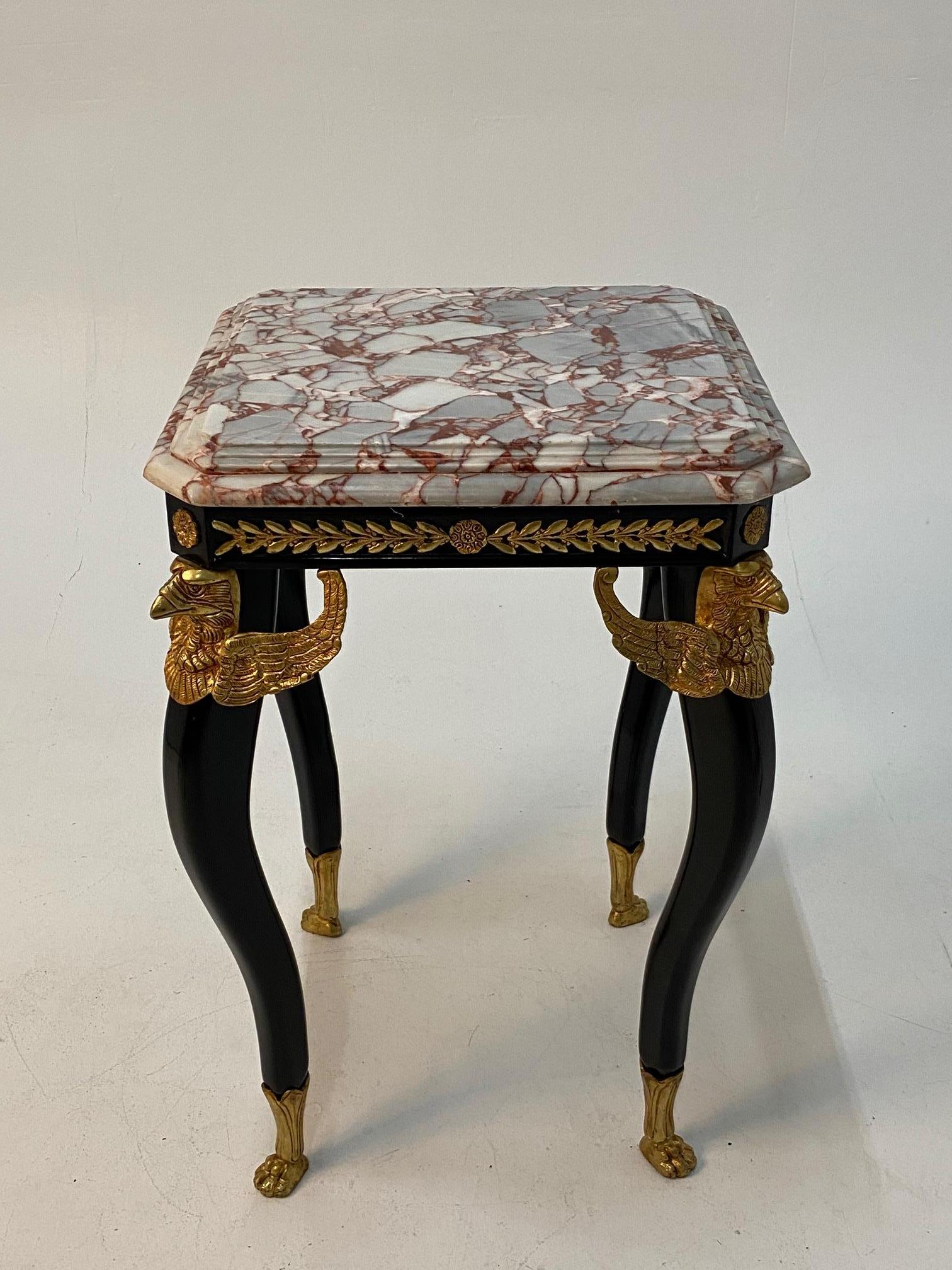 French Ornately Elegant Eagle Motife Ebonized and Gilt Bronze End Table with Marble Top