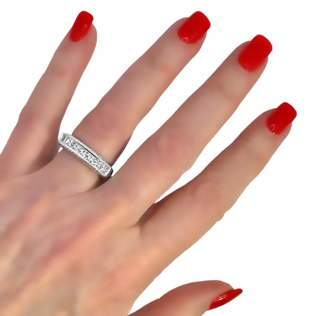 Ornately Engraved Platinum Band with Seven Princess Cut Diamonds Across The Top For Sale 5
