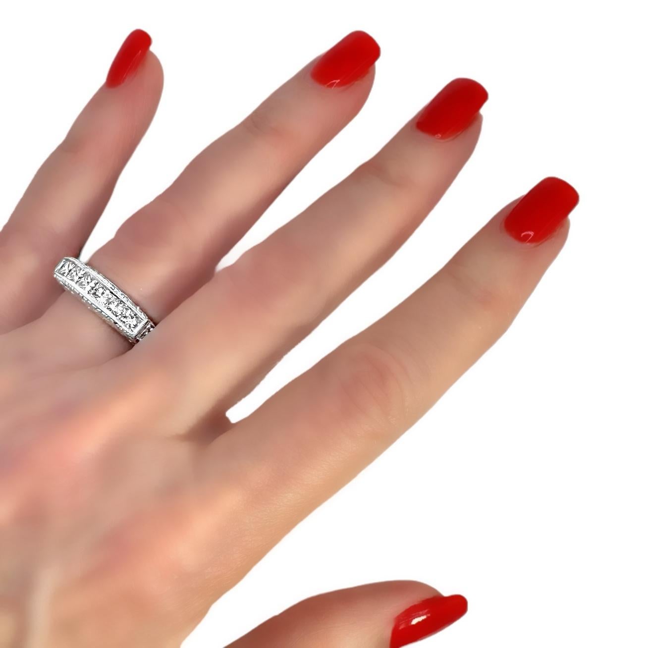 Ornately Engraved Platinum Band with Seven Princess Cut Diamonds Across The Top For Sale 6