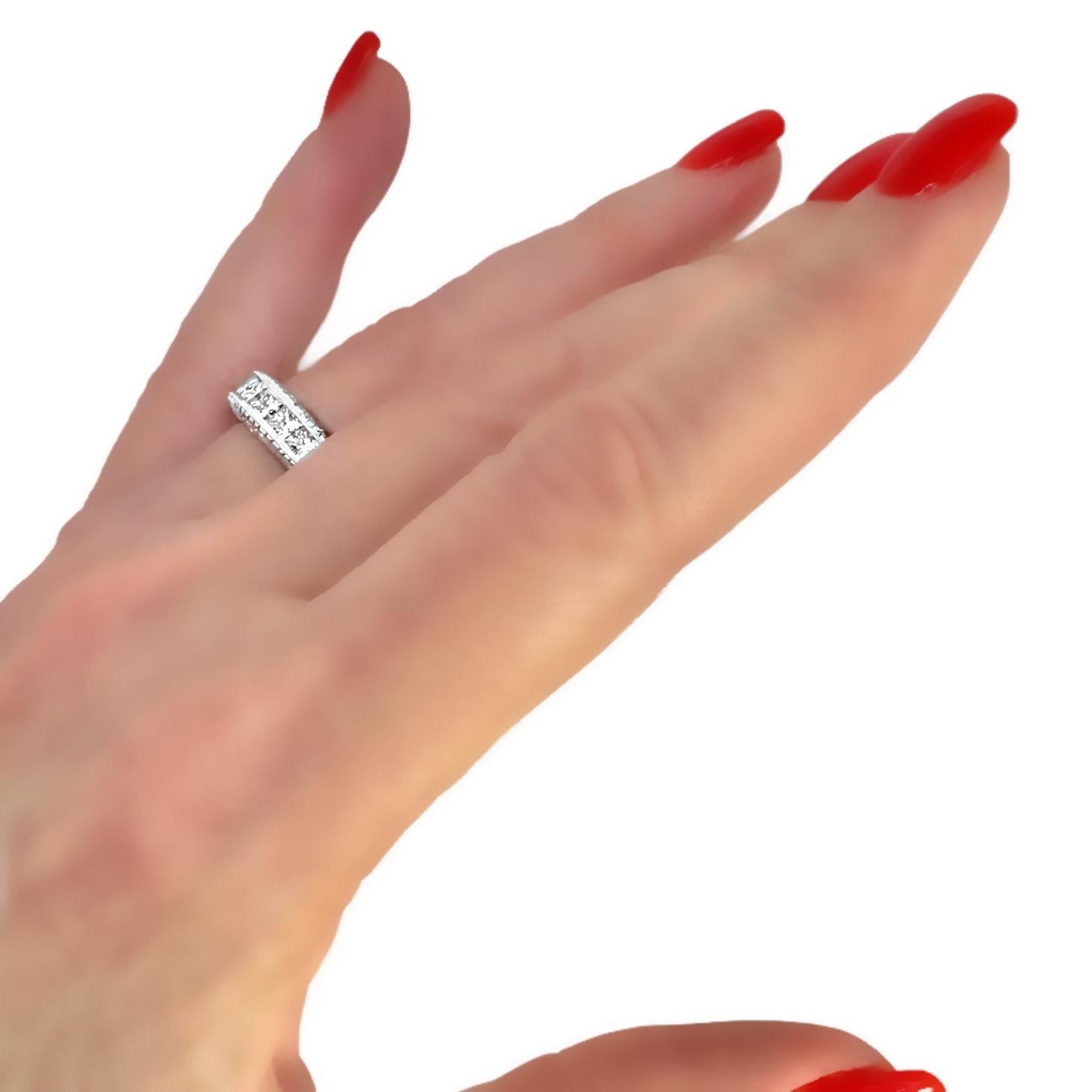 Ornately Engraved Platinum Band with Seven Princess Cut Diamonds Across The Top For Sale 7