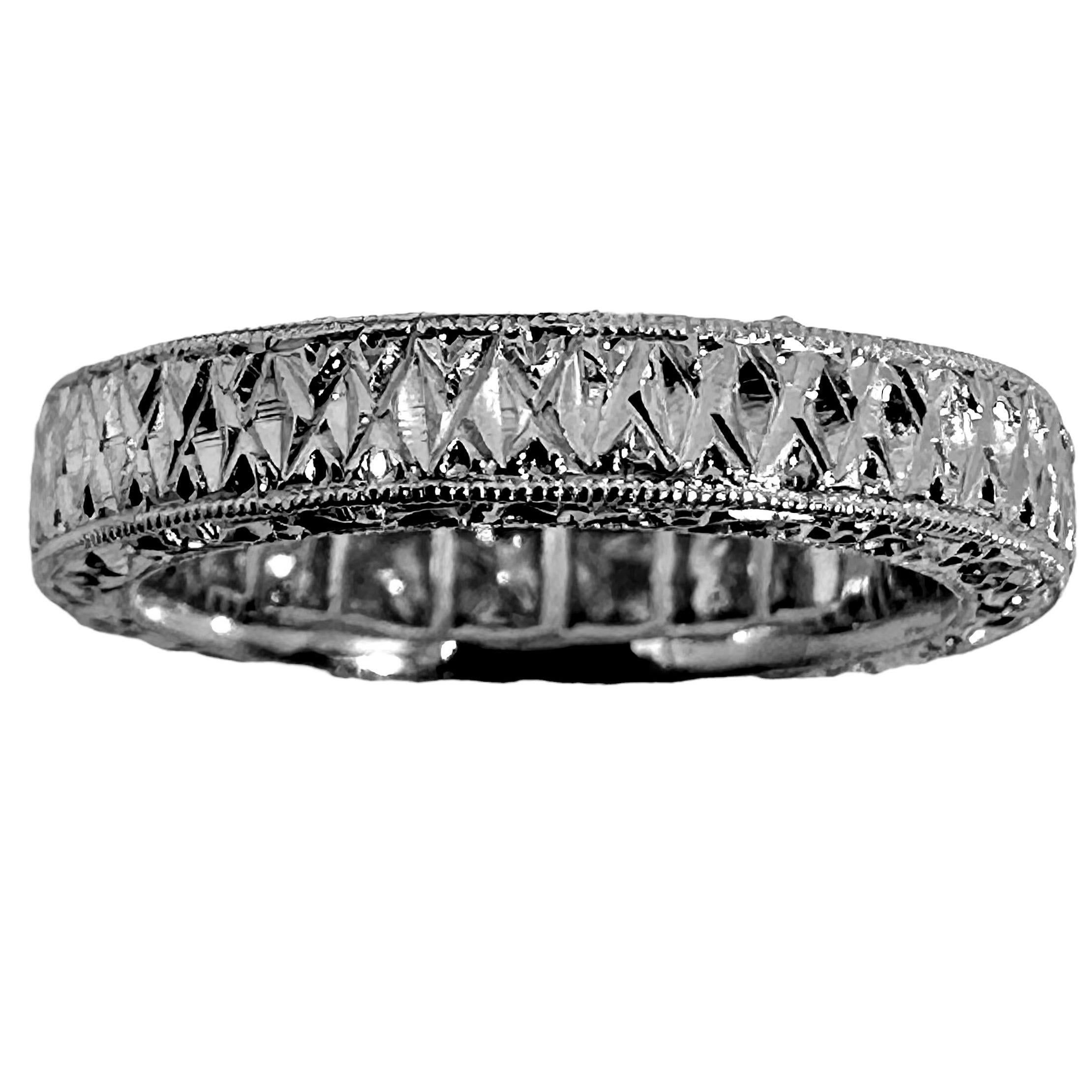 Art Deco Ornately Engraved Platinum Band with Seven Princess Cut Diamonds Across The Top For Sale