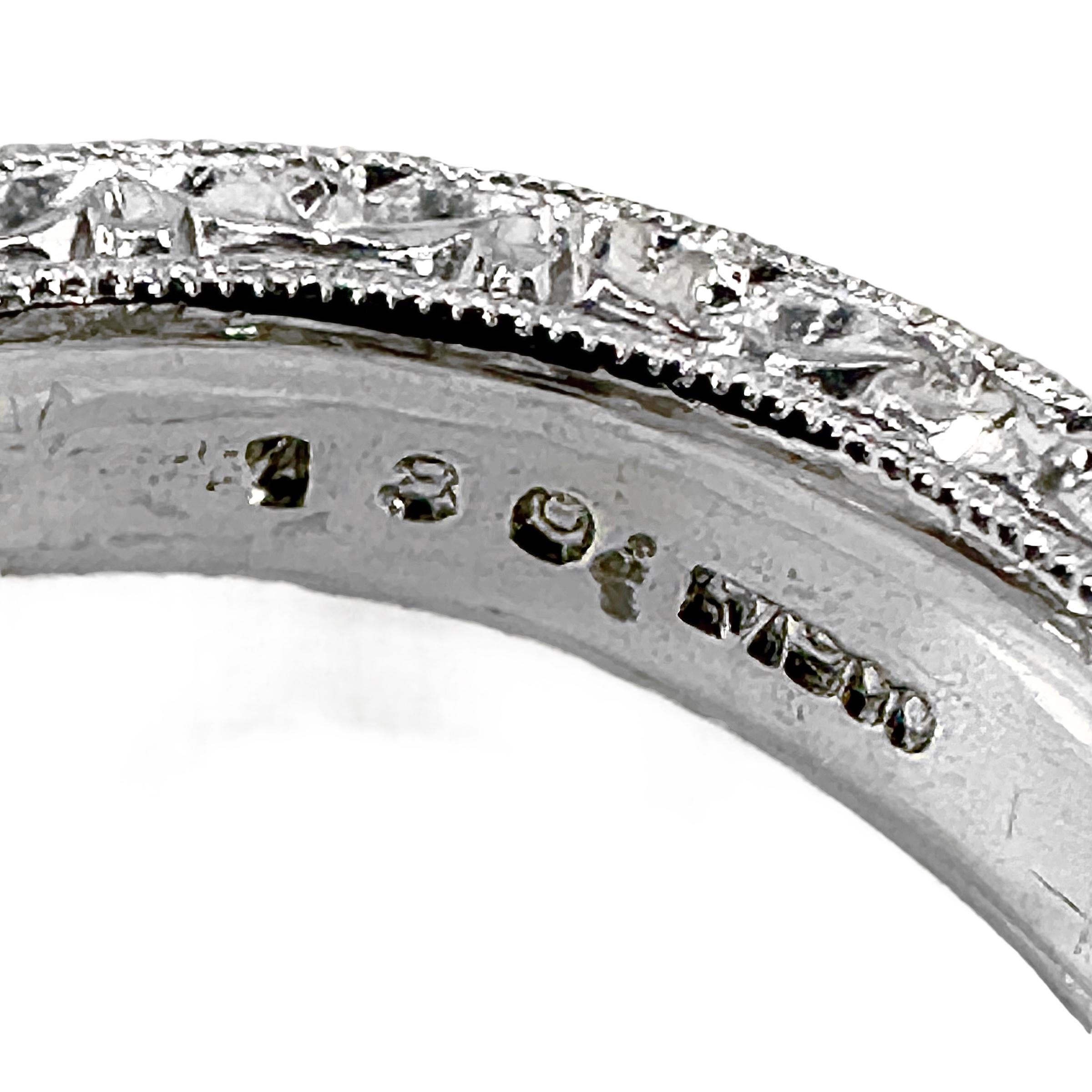 Women's Ornately Engraved Platinum Band with Seven Princess Cut Diamonds Across The Top For Sale