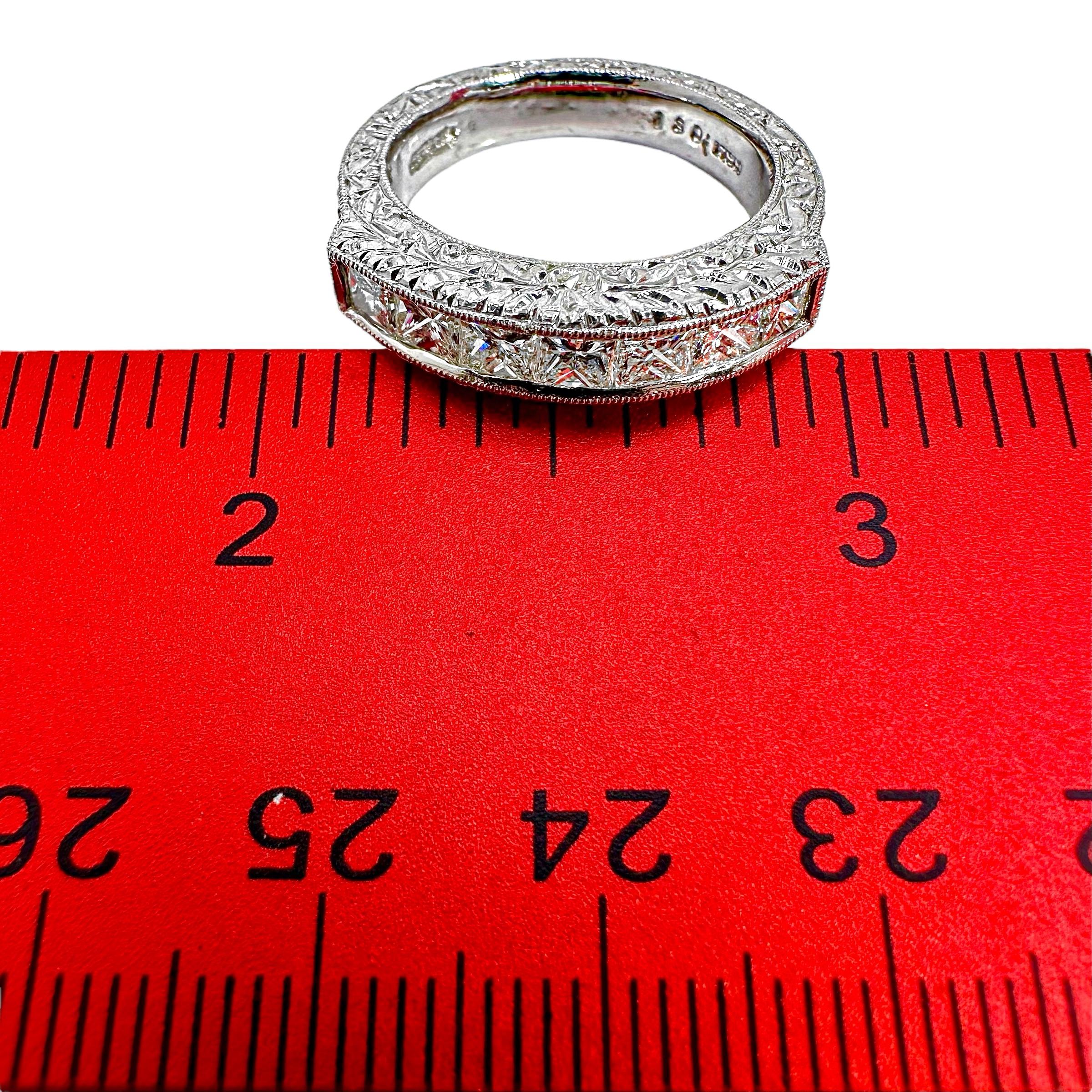 Ornately Engraved Platinum Band with Seven Princess Cut Diamonds Across The Top For Sale 1