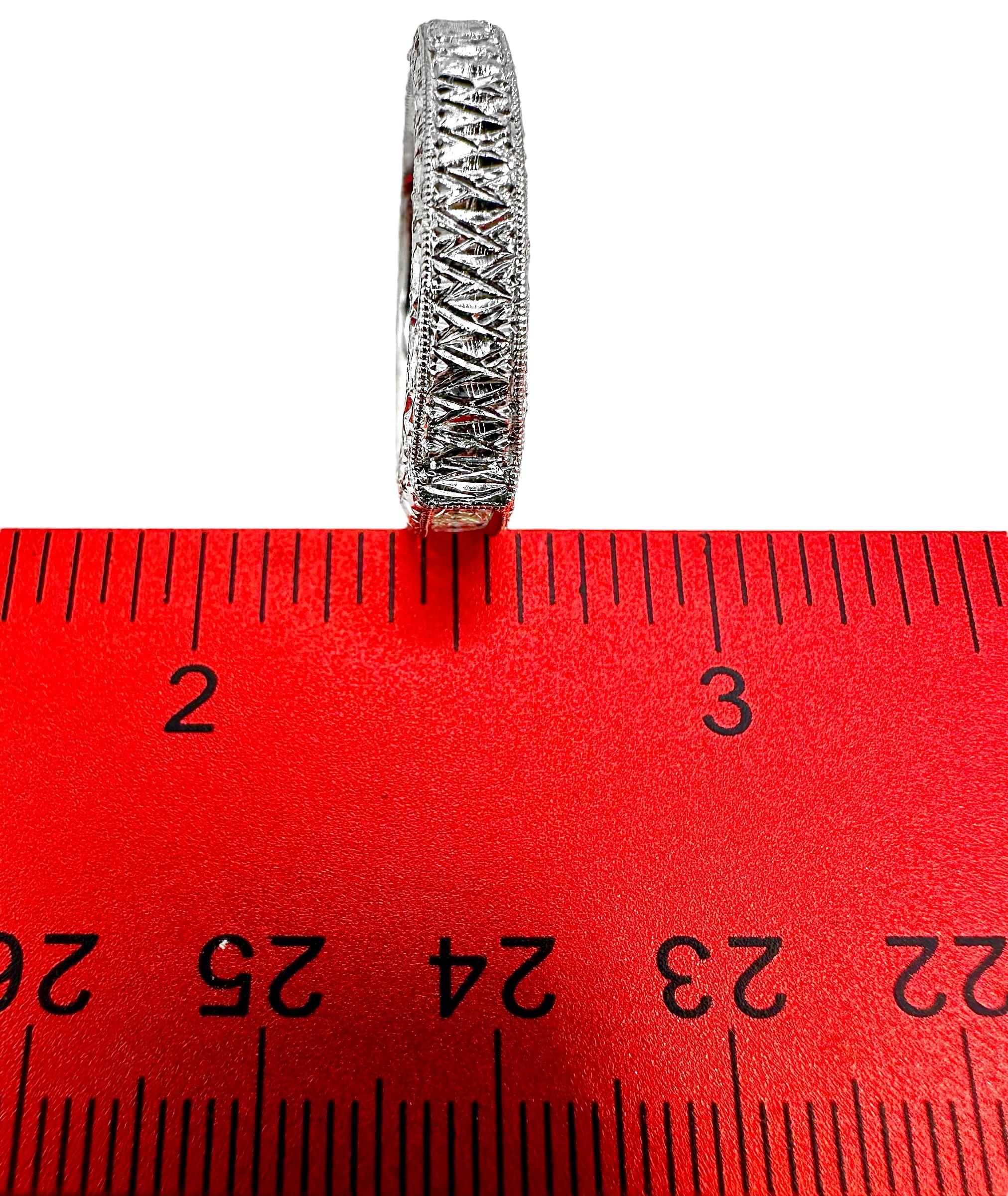 Ornately Engraved Platinum Band with Seven Princess Cut Diamonds Across The Top For Sale 2