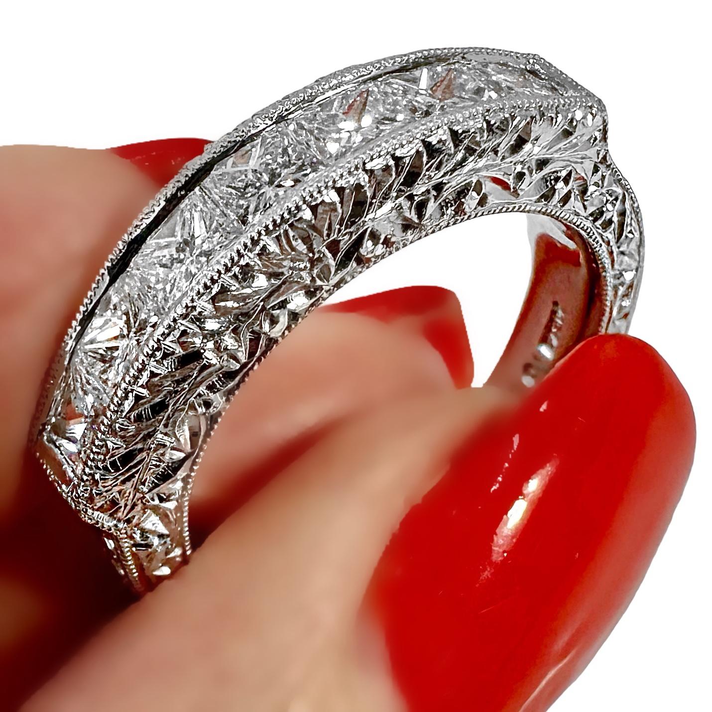 Ornately Engraved Platinum Band with Seven Princess Cut Diamonds Across The Top For Sale 4