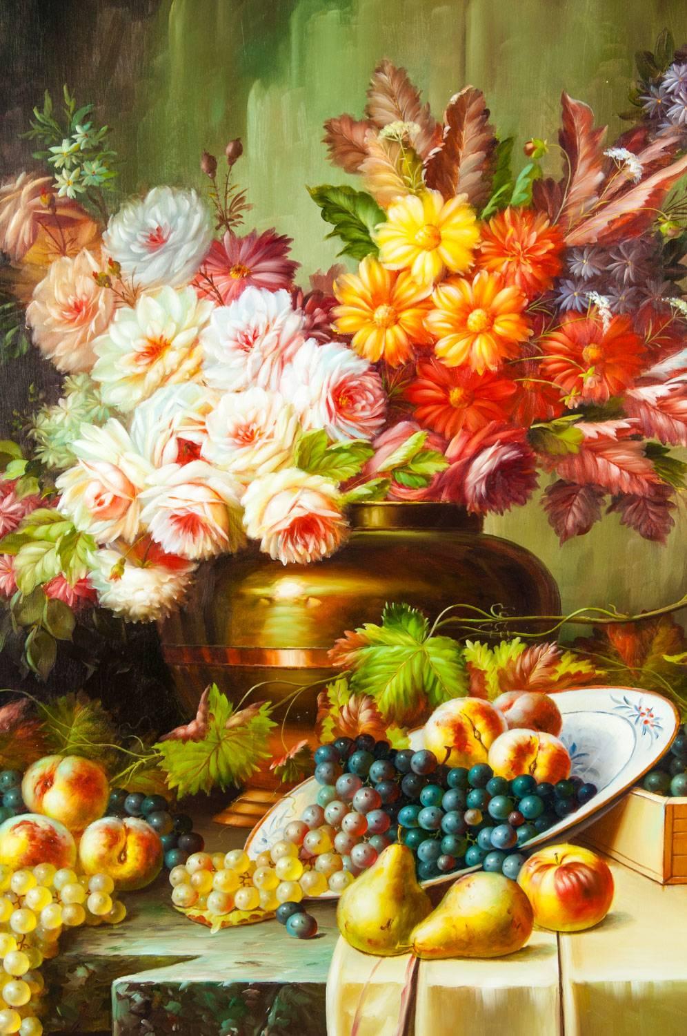 Ornately gilded wood carved frame, oil painting floral bouquet still life, Continental style. This is a highly detailed still life, oil on canvas depicting an overflowing flower arrangement with fruit. Signed by the artist on the lower right hand