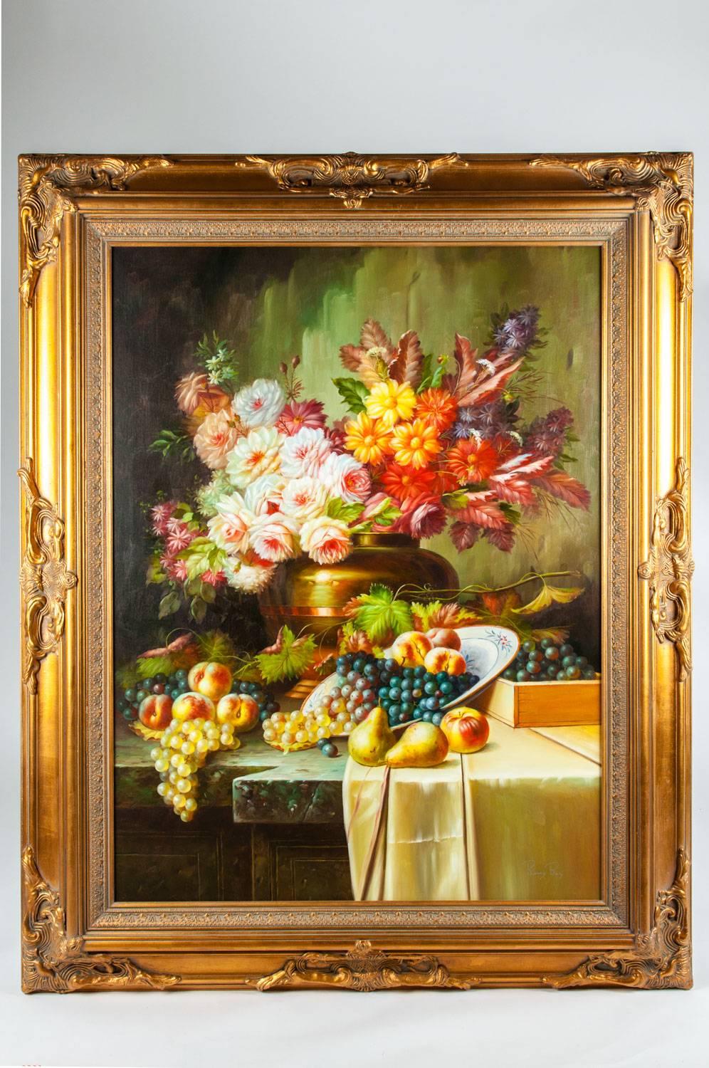 Ornately Gilded Wood Carved Framed Oil Painting Floral Bouquet Still Life 4