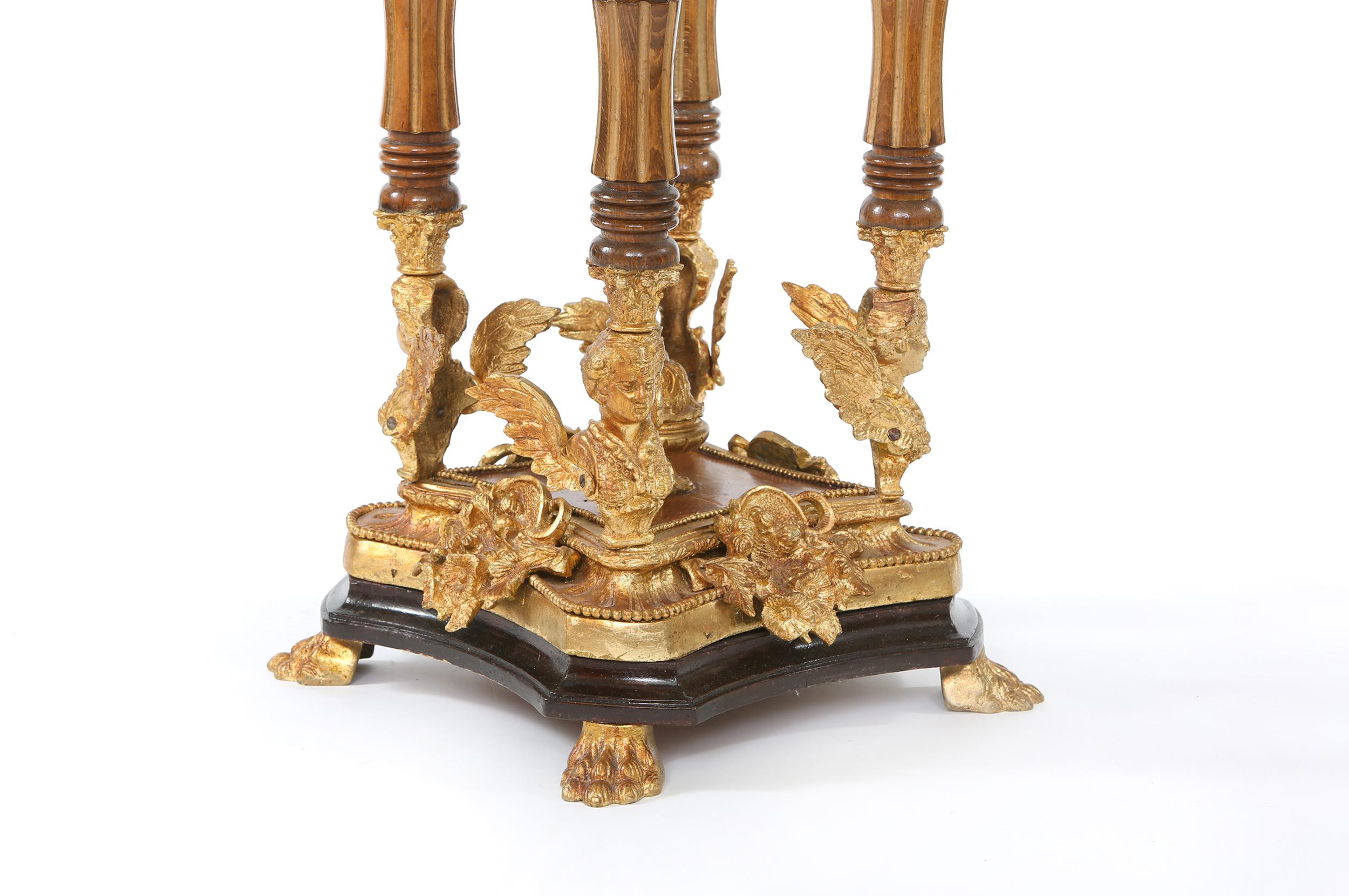 Hand-Carved Ornately Gilt Bronze Mounted / Fruitwood Pedestal Table For Sale