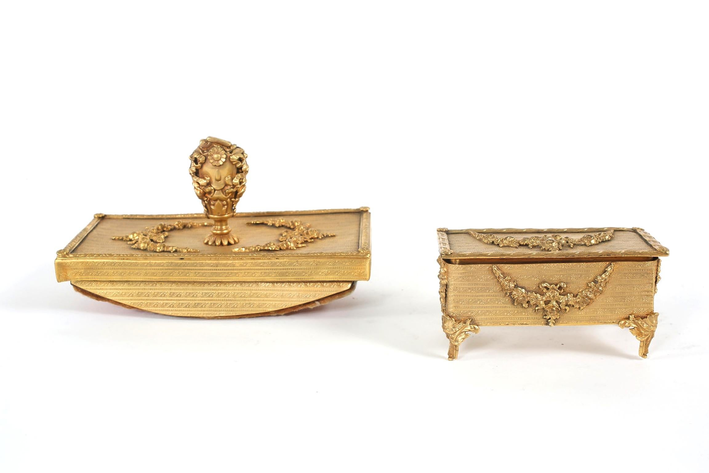 Ornately gilt Dore brass desk accessory set. Measures: Covered footed stamp box 3.3