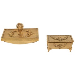 Antique Ornately Gilt Gold Brass Desk Accessory Set
