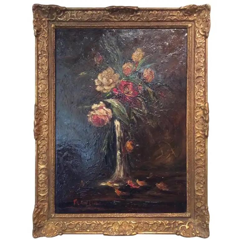 Aufwendig vergoldetes gerahmtes Blumengemälde von Charles Franzini D'issoncourt (Geschnitzt) im Angebot