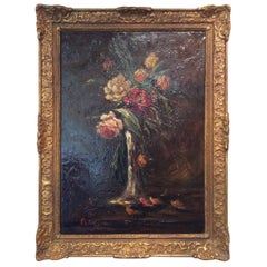 Peinture florale encadrée en bois doré par Charles Franzini D'issoncourt