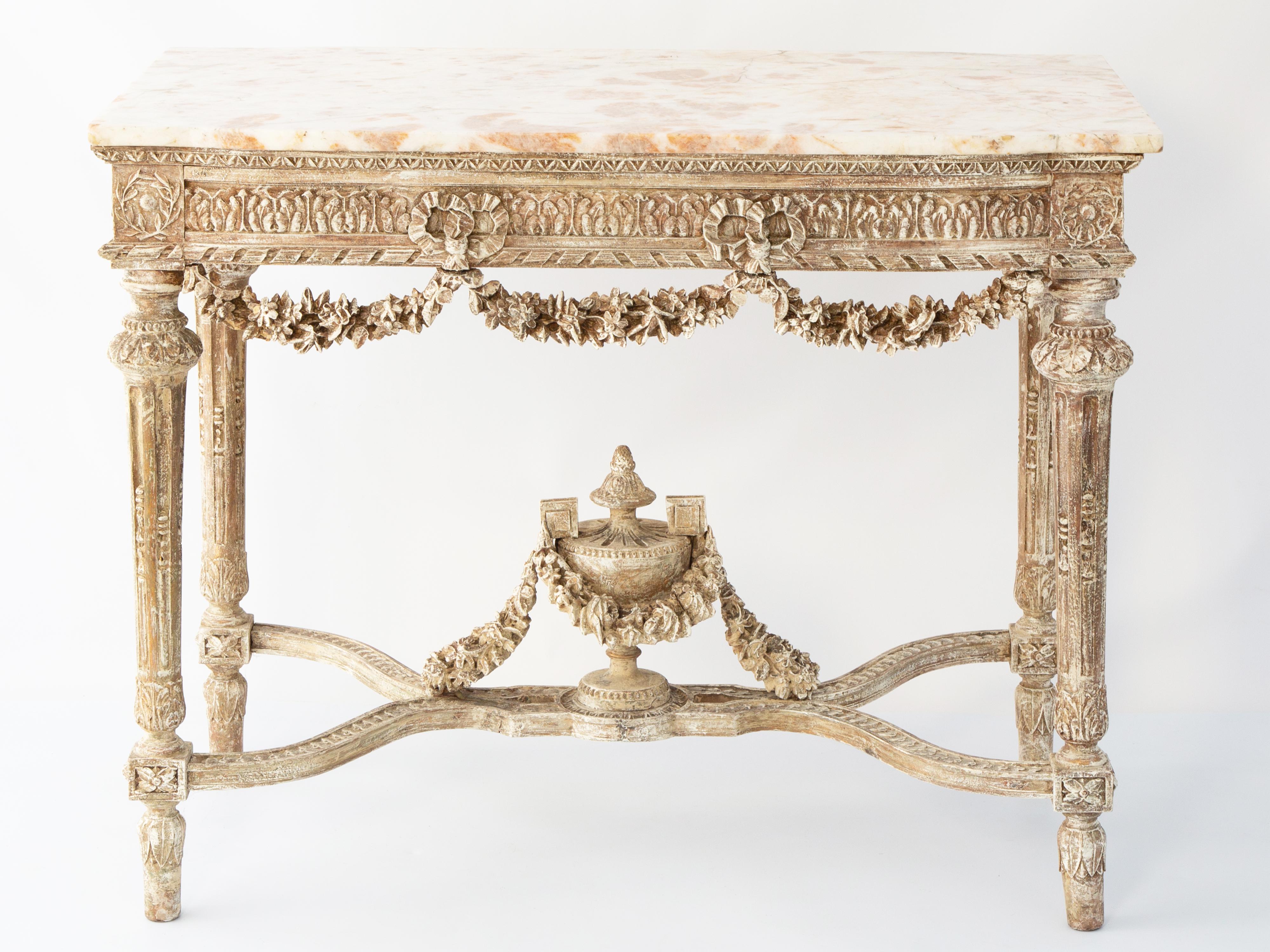 Ornately Hand-Carved 19th Century French Center Table or Console with Marble Top In Good Condition In West Palm Beach, FL