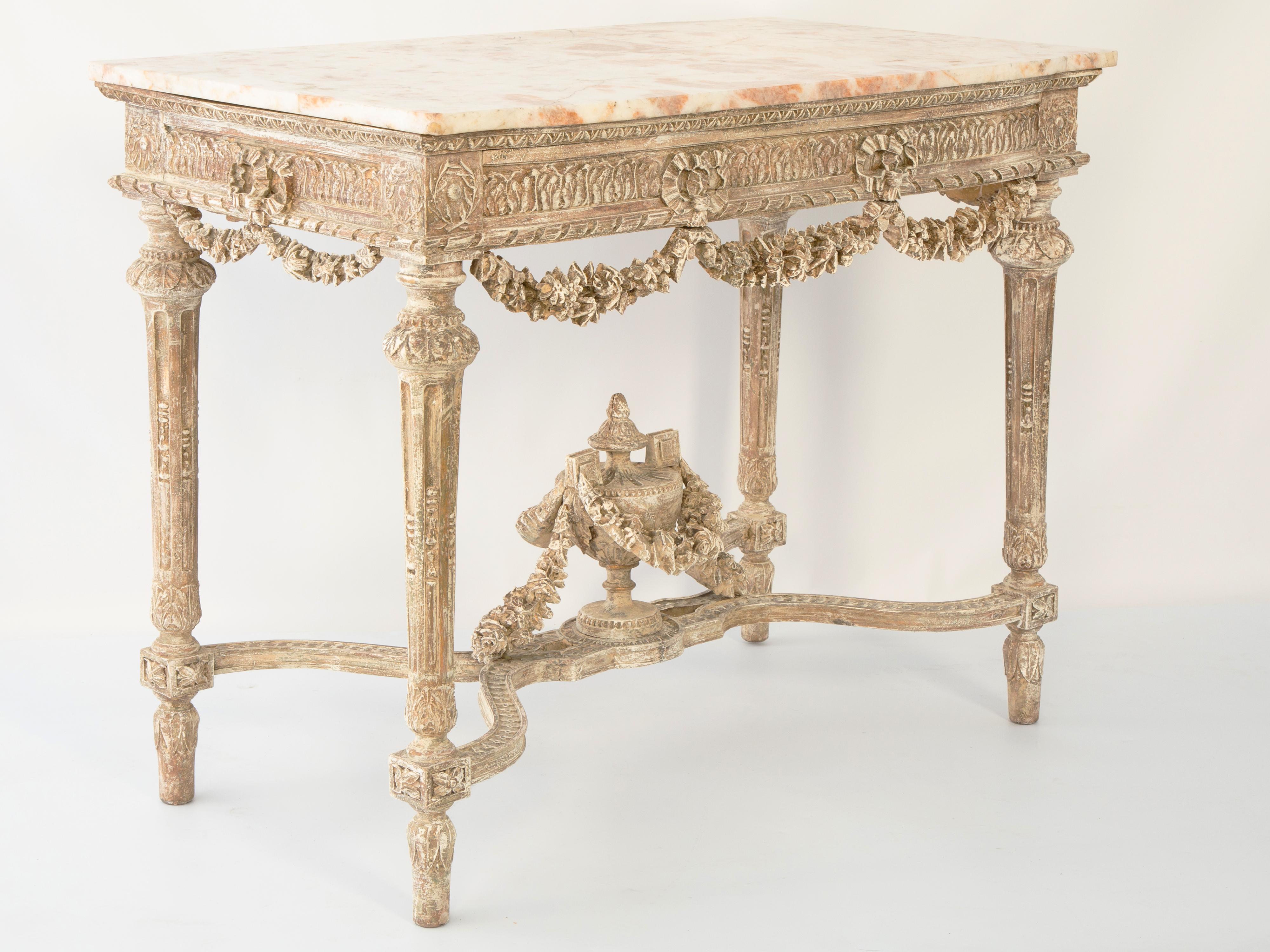 Breccia Marble Ornately Hand-Carved 19th Century French Center Table or Console with Marble Top