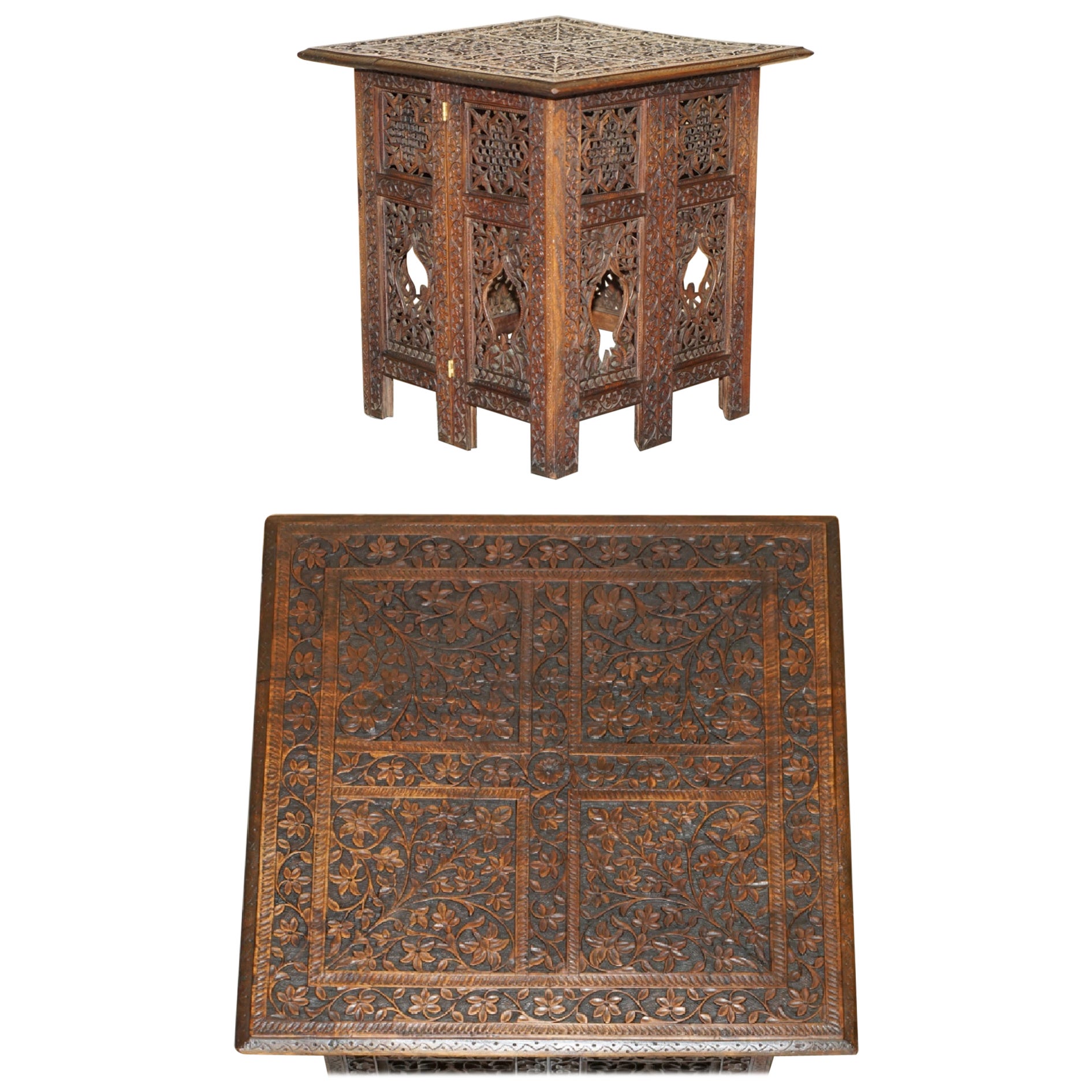 MESA PLEGABLE CON LÁMPARA DE CAFÉ Y VINO DE BIRMANIA ANGLOINDIA TALLADA A MANO ORNAMENTE