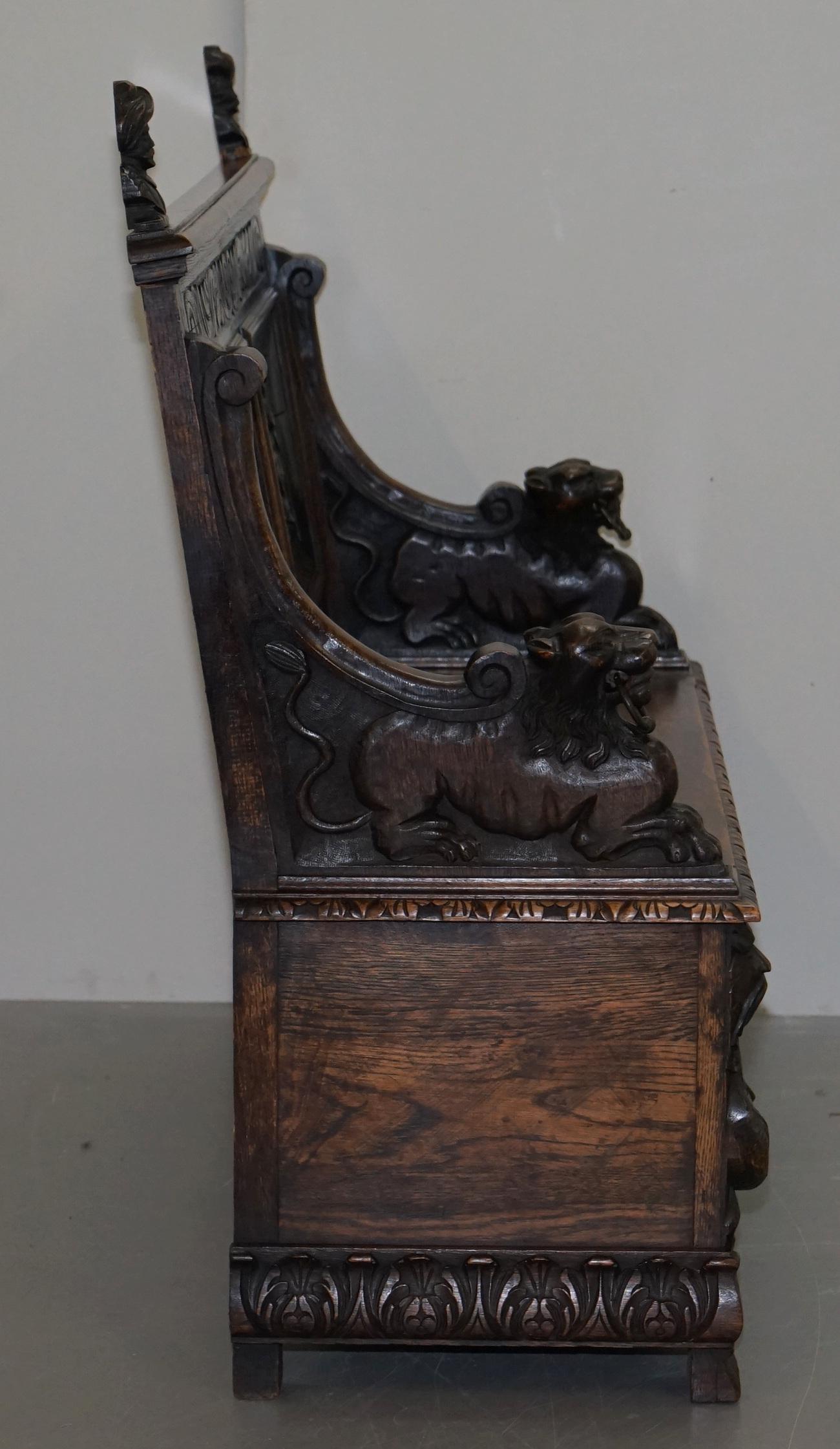 Ornately Hand Carved Early Victorian circa 1840 Settle Hall Bench with Storage 6