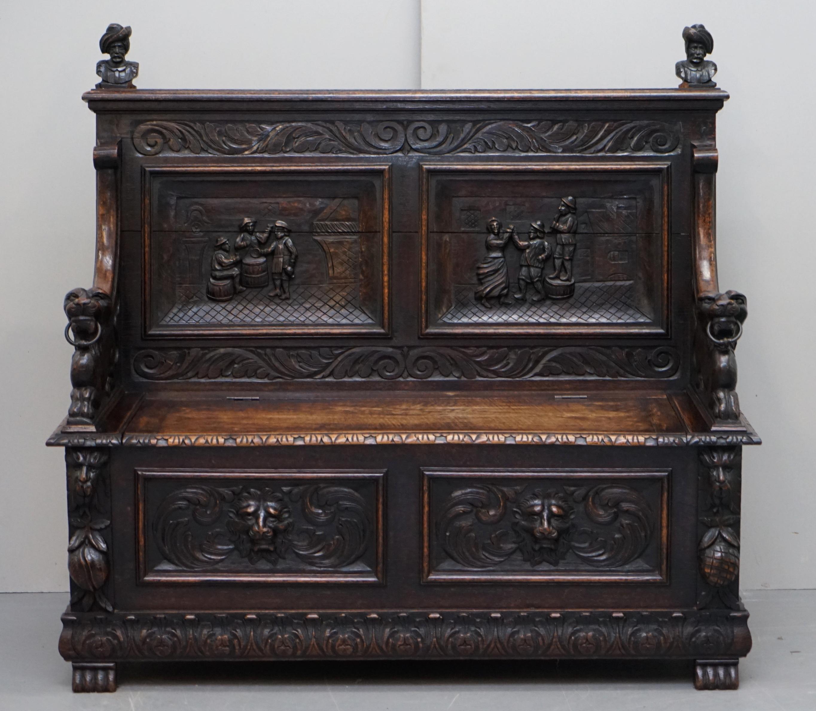 Wev are delighted to offer for sale this lovely hand carved early Victorian oak settle bench with Lion arms and internal storage

A well made and decorative hall bench, it’s a real tour de force of carving, just look at it from any angle and you