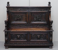 Ornately Hand Carved Early Victorian circa 1840 Settle Hall Bench with Storage