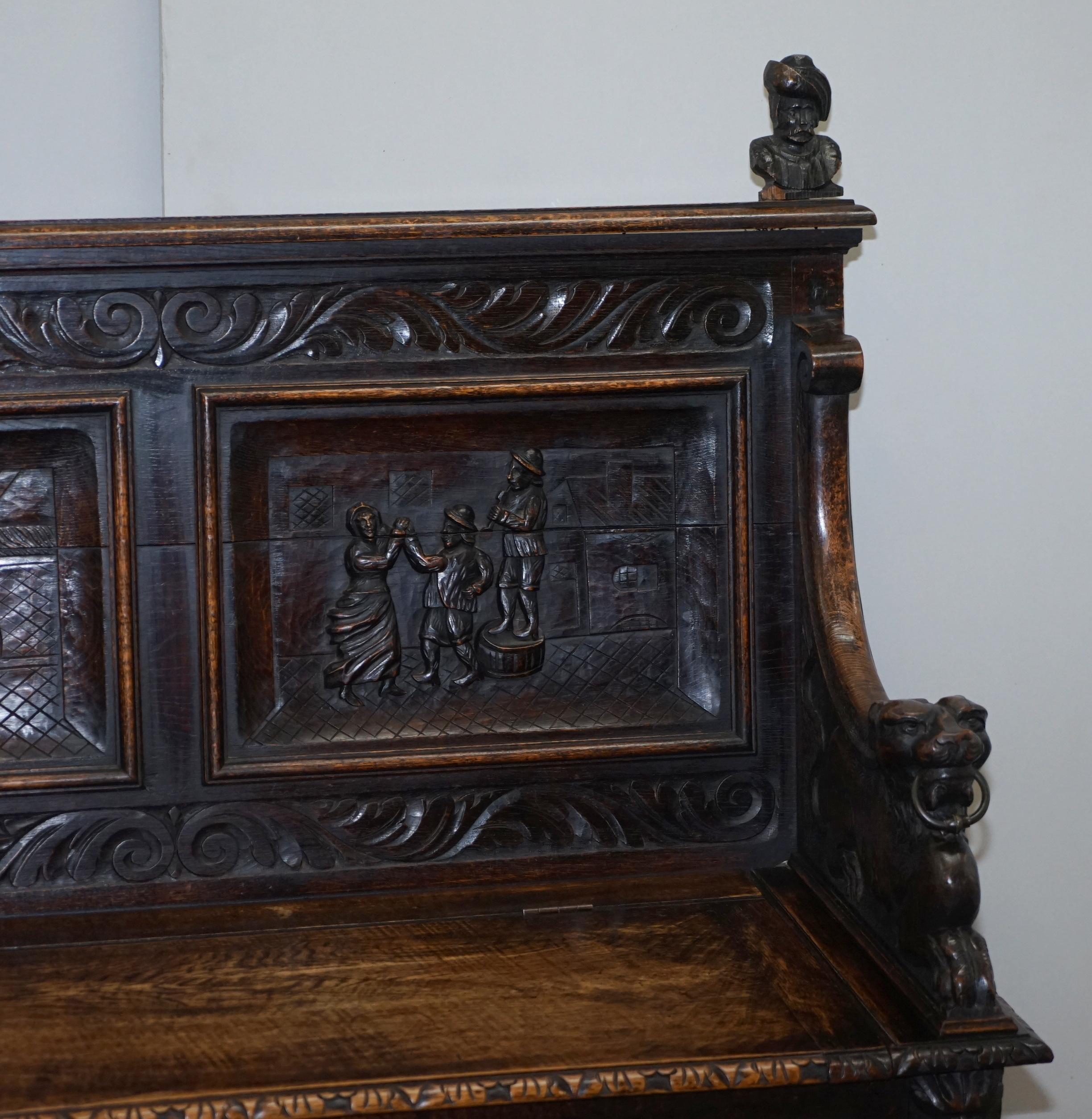 Mid-19th Century Ornately Hand Carved Early Victorian circa 1840 Settle Hall Bench with Storage