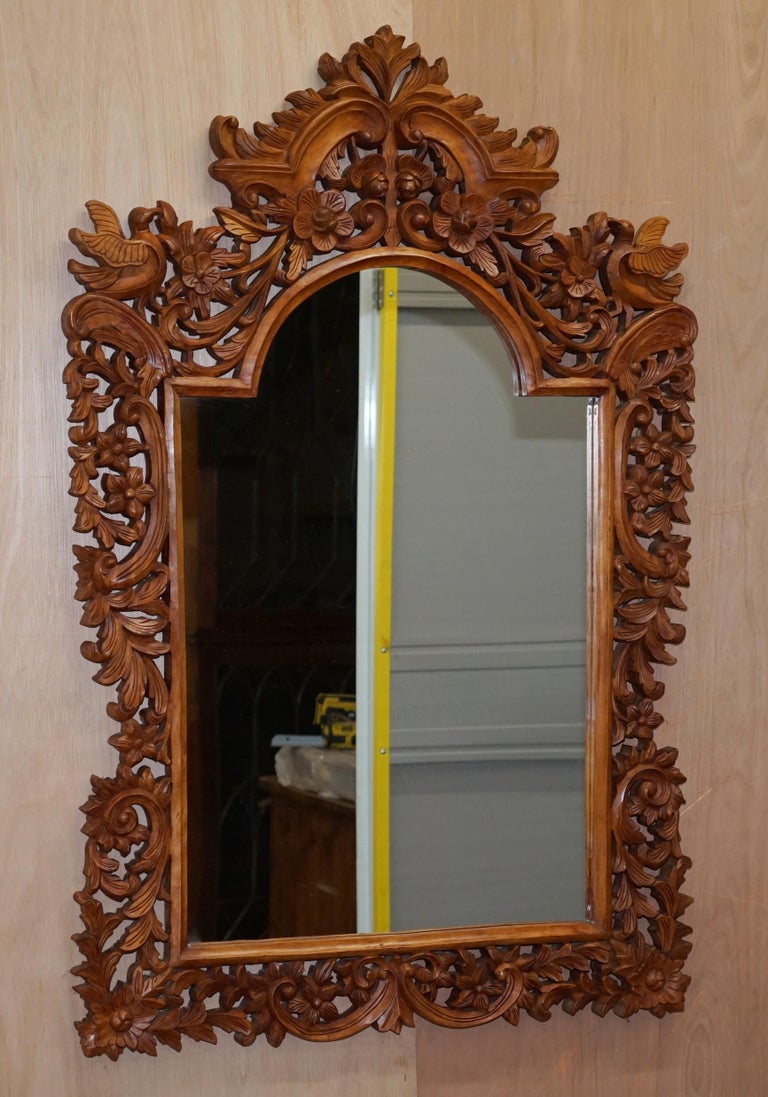 Ornately Hand Carved Vintage Wall Mirror with Birds and Flowers All