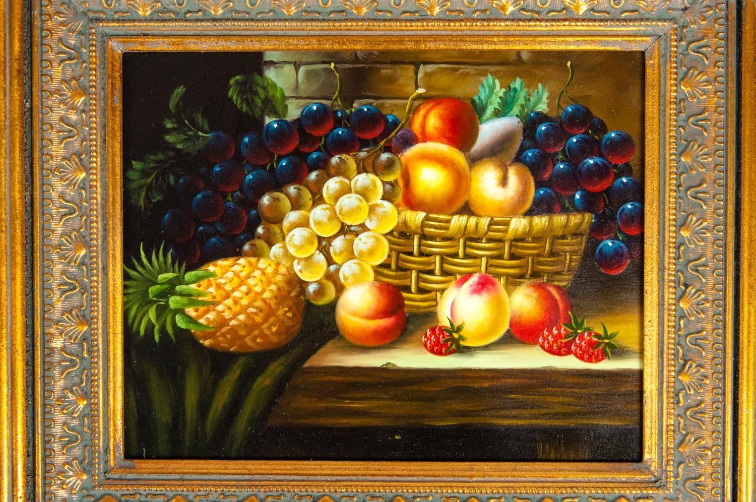 Ornately Pair of Wood Framed Oil Paintings Fruit Still Life 1