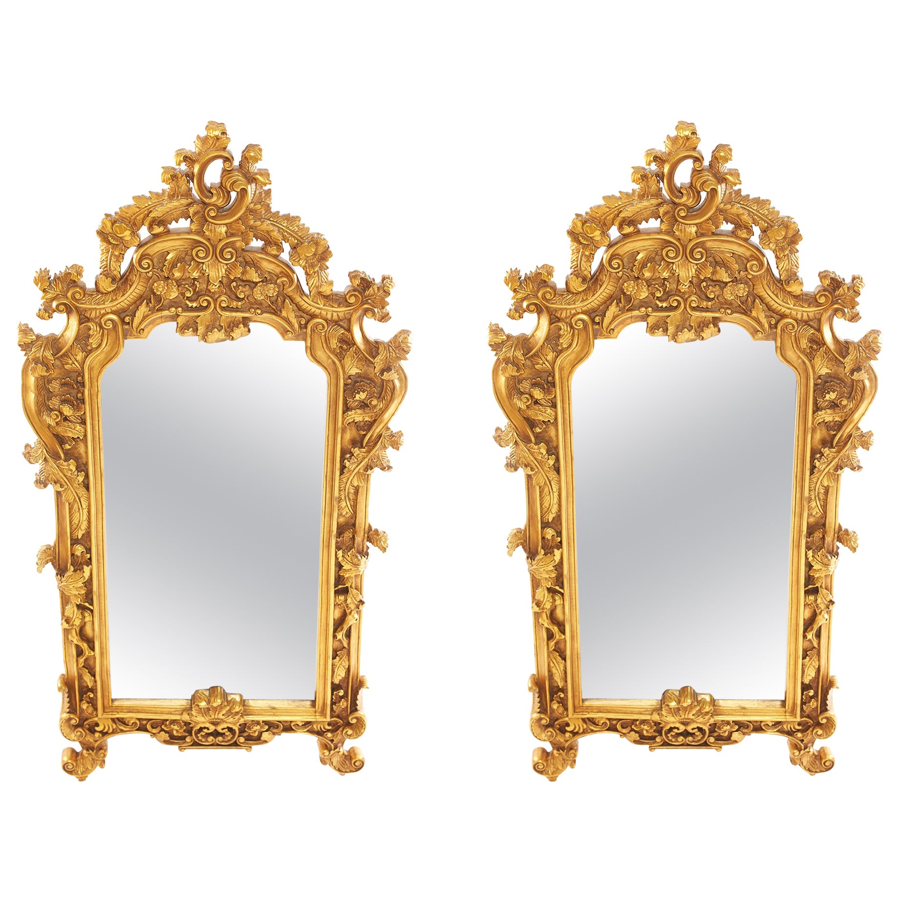 Ornately Wood Framed Pair Beveled Hanging Mirror For Sale
