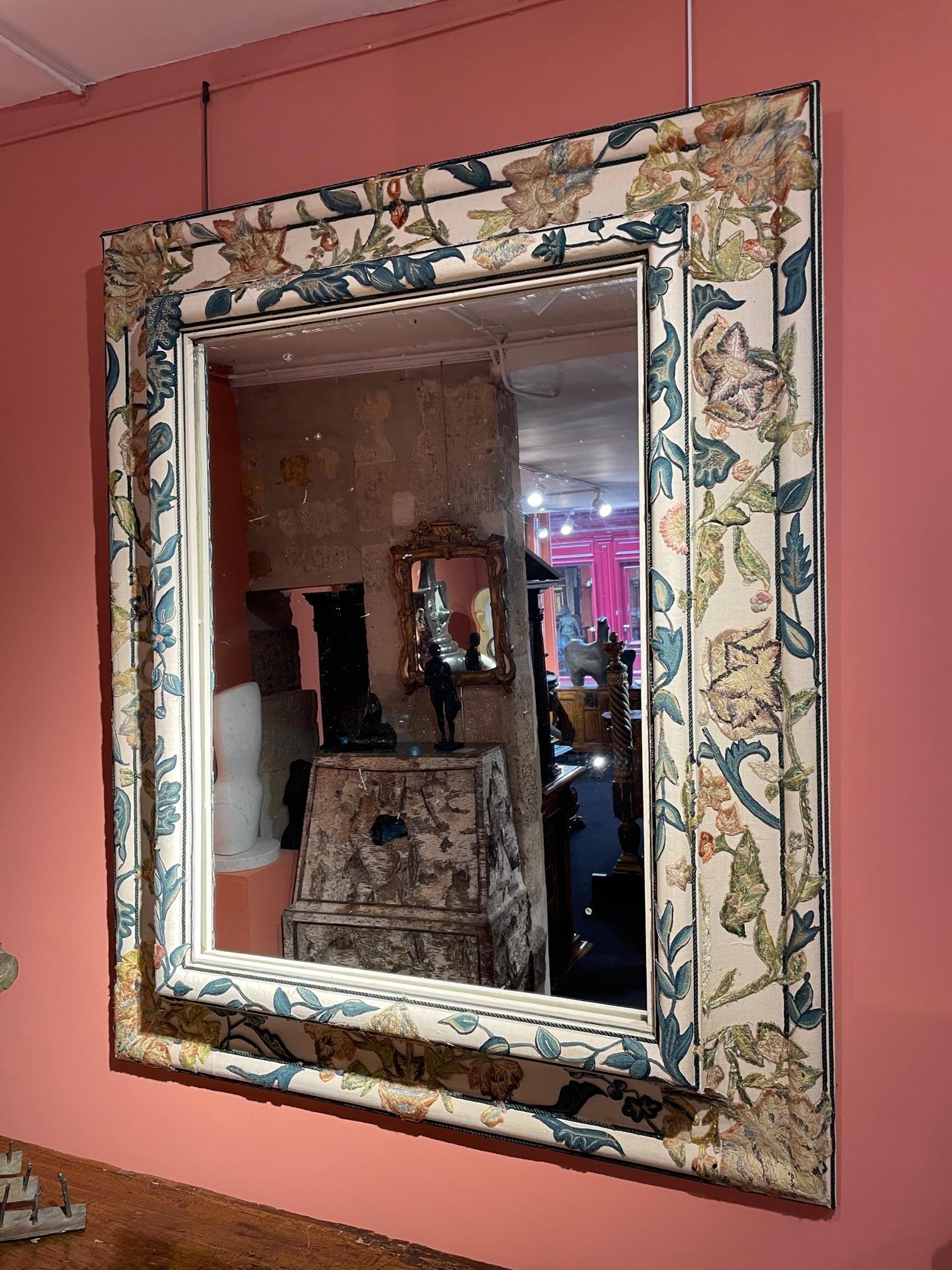 Silk Ornemental LOUIS XIV style Mirror Covered in French 18th Century Embroideries For Sale