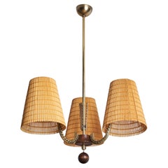 Ornö, Chandelier, Brass, Birch, Reed, Finland, 1930s
