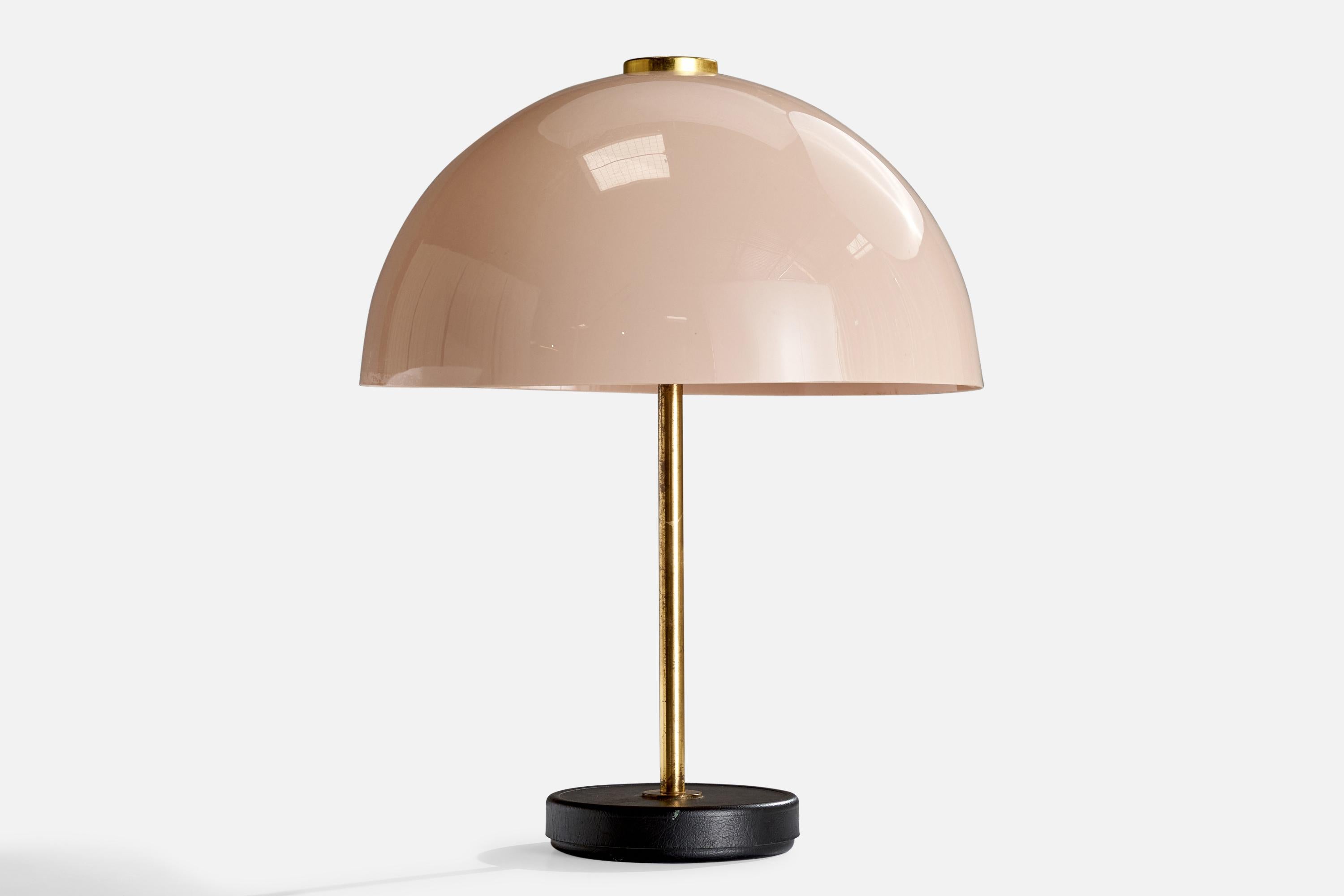 A brass, pink acrylic and black leather table lamp produced by Orno, Finland, c. 1978.

Dimensions of Lamp (inches): 14.75” H x 6.375” W x 6.375” D
Dimensions of Shade (inches): 2.375” Top Diameter x 16” Bottom Diameter x 8.625