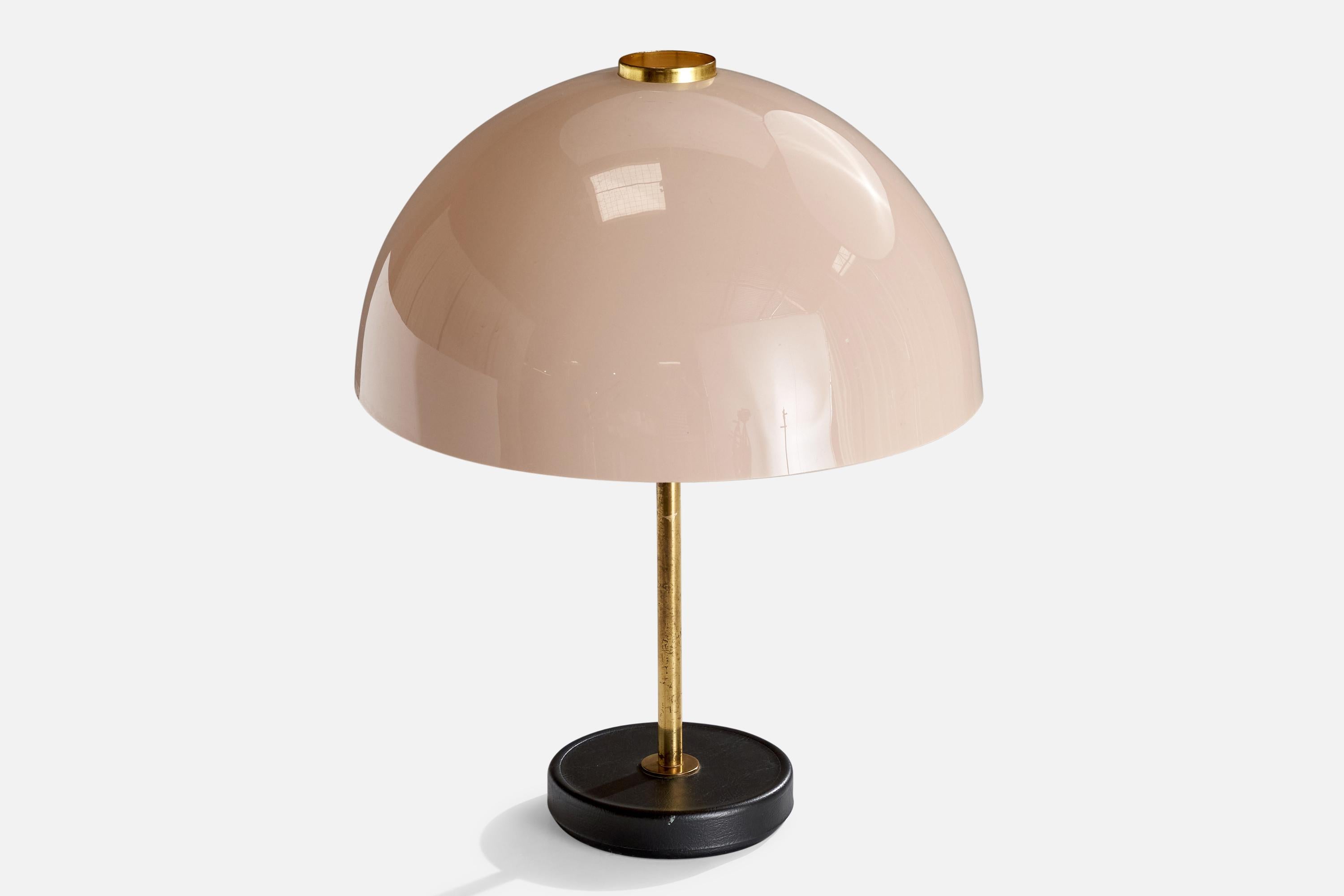 Scandinavian Modern Heikki Turunen, Table Lamp, Acrylic, Brass, Leather, Finland, 1978 For Sale