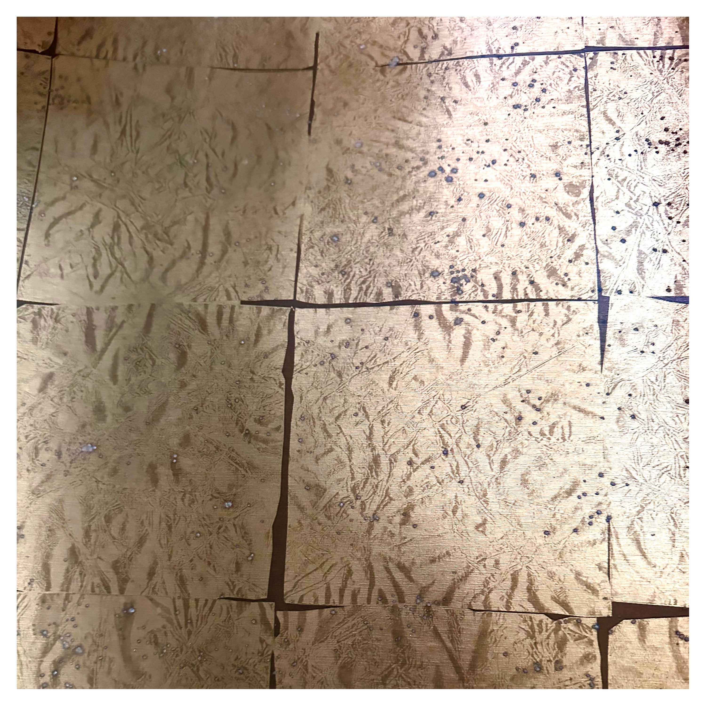 Oro Caldo Antiqued Gold Leaf Wallcovering, Winfield Designs, Gilded Age. No longer in production. 27” wide by what appears to be approximately 20 yards. See photos.