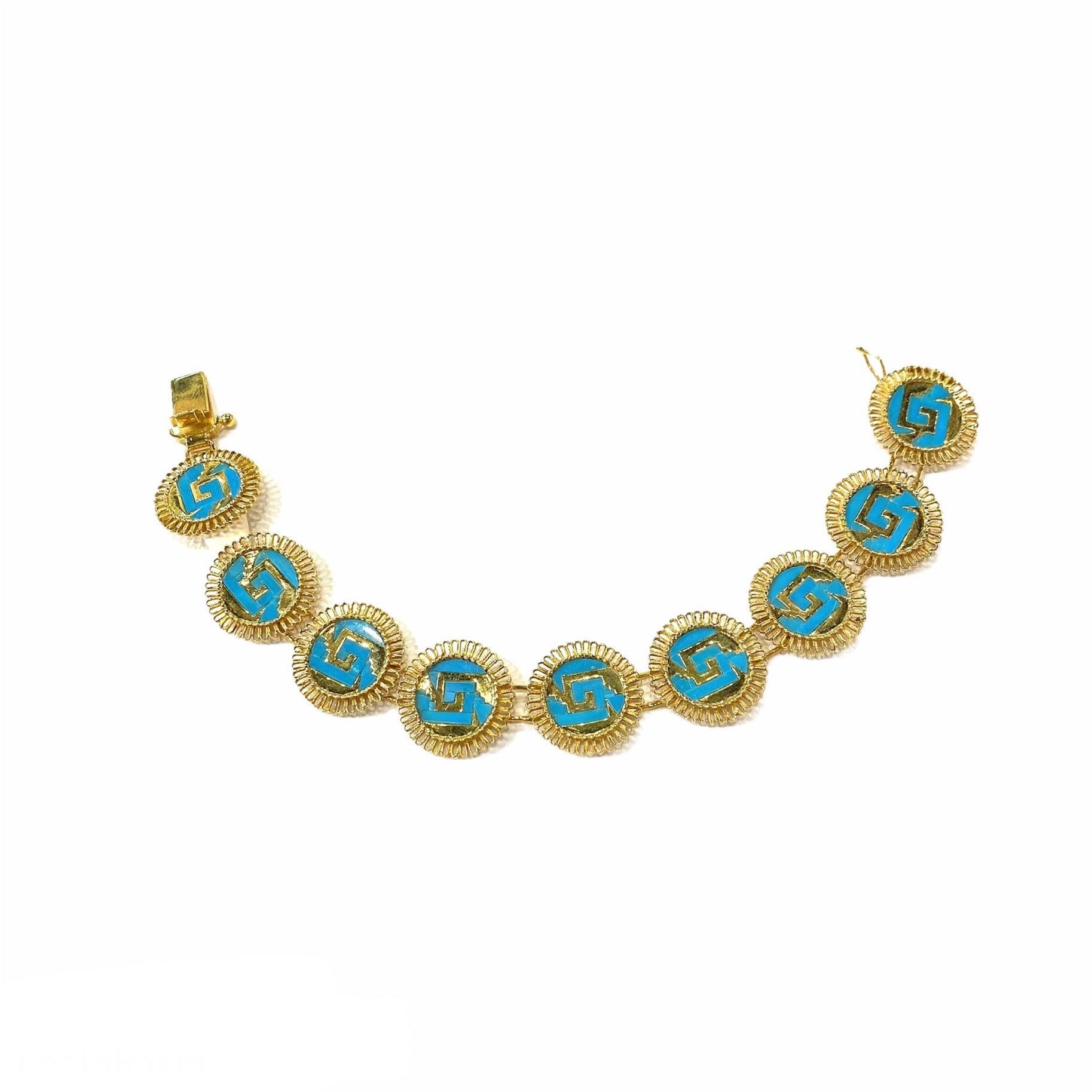 Artisan Bracelet Oro de Monte Alban en or 14k et turquoise. en vente
