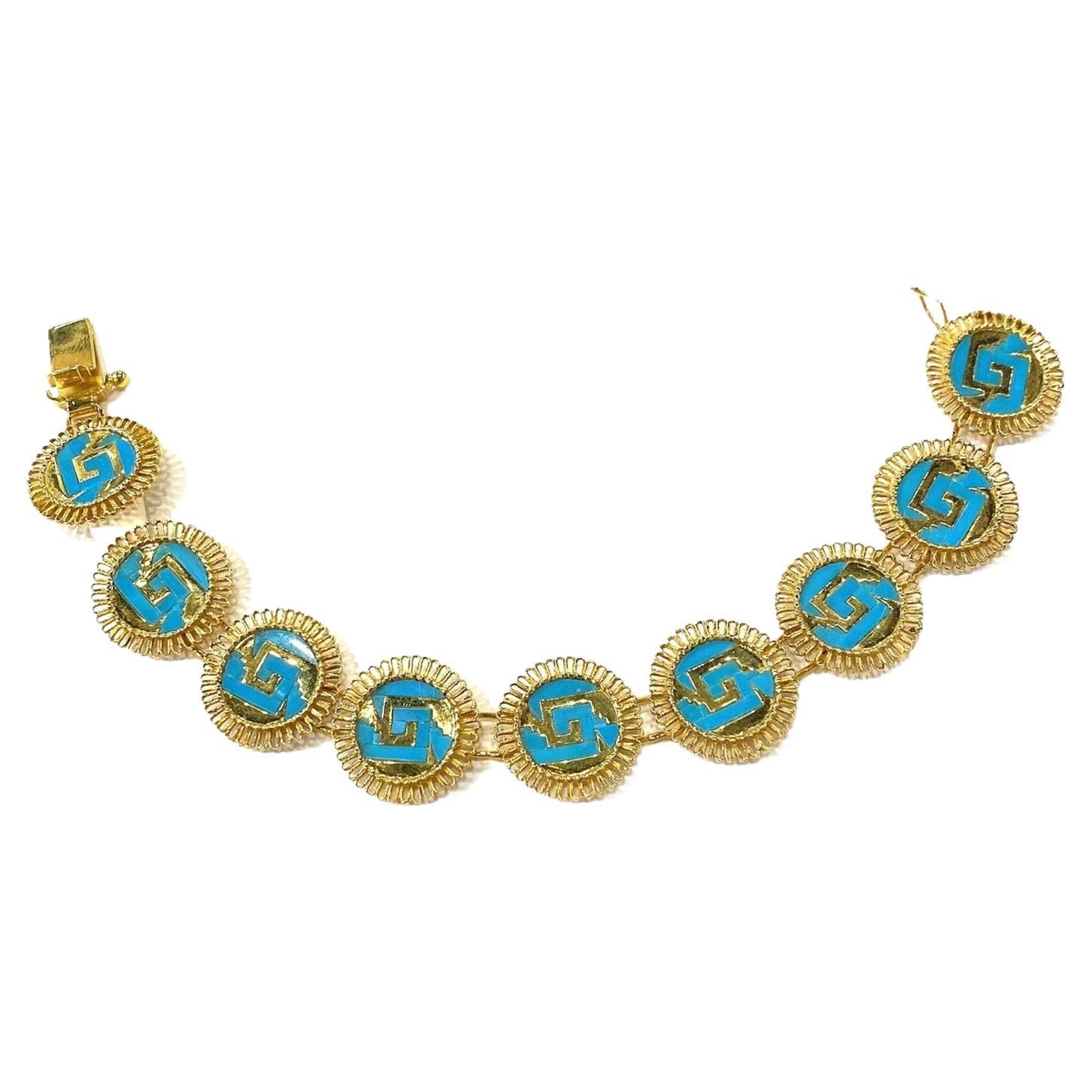 Bracelet Oro de Monte Alban en or 14k et turquoise. en vente
