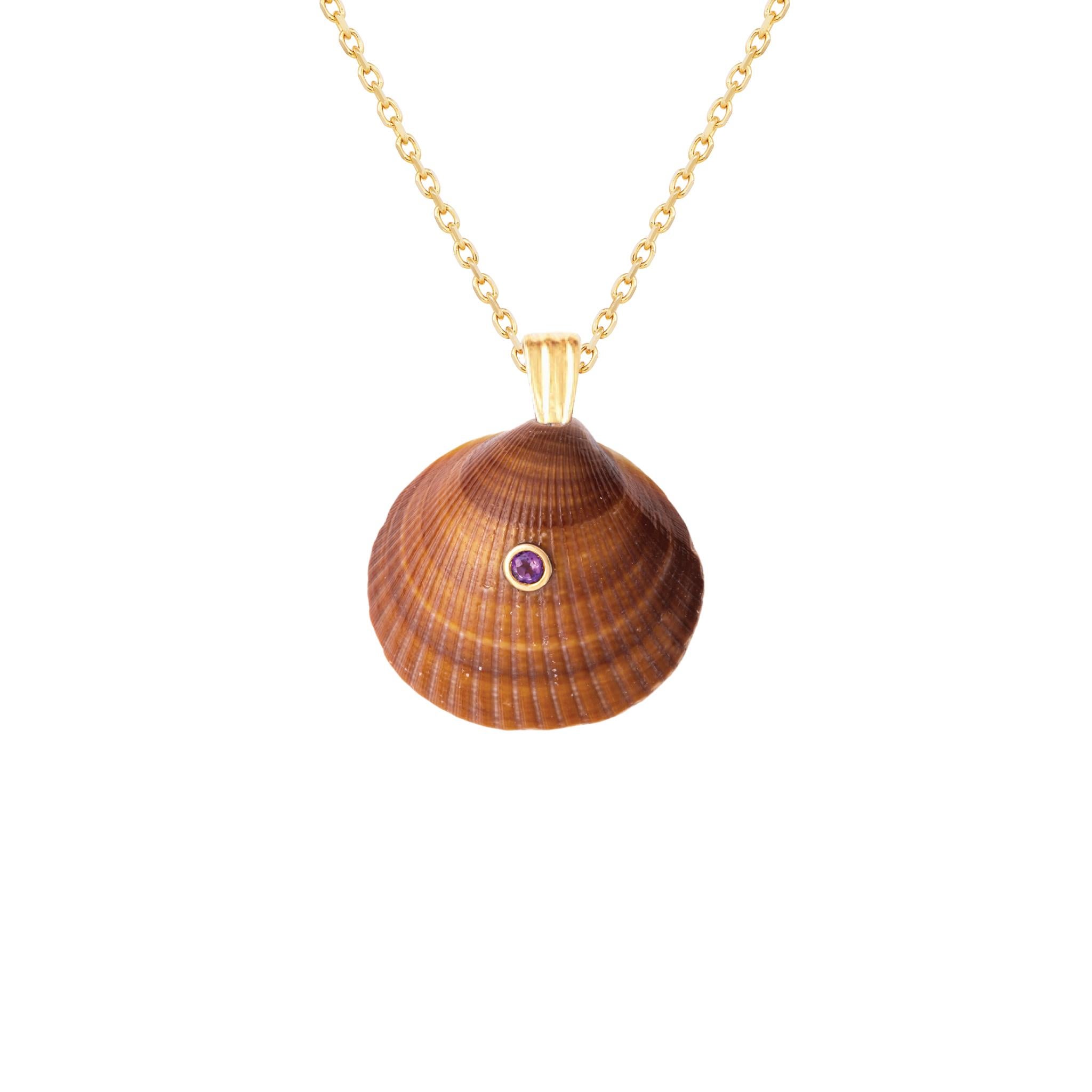 Ciondolo a forma di conchiglia Nature con finiture in oro massiccio 14k e gemma ametista naturale. Indossa questo ciondolo da solo o abbinalo ad altre catene d'oro per un bellissimo effetto a strati.  

L'ordine include un ciondolo a conchiglia,