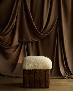 Oro Stool in Curly Shearling with Walnut Veneer Base By Frances Jean