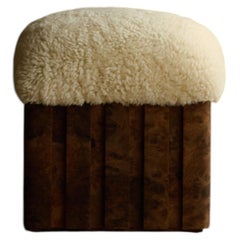 Oro Stool in Curly Shearling with Walnut Veneer Base By Frances Jean