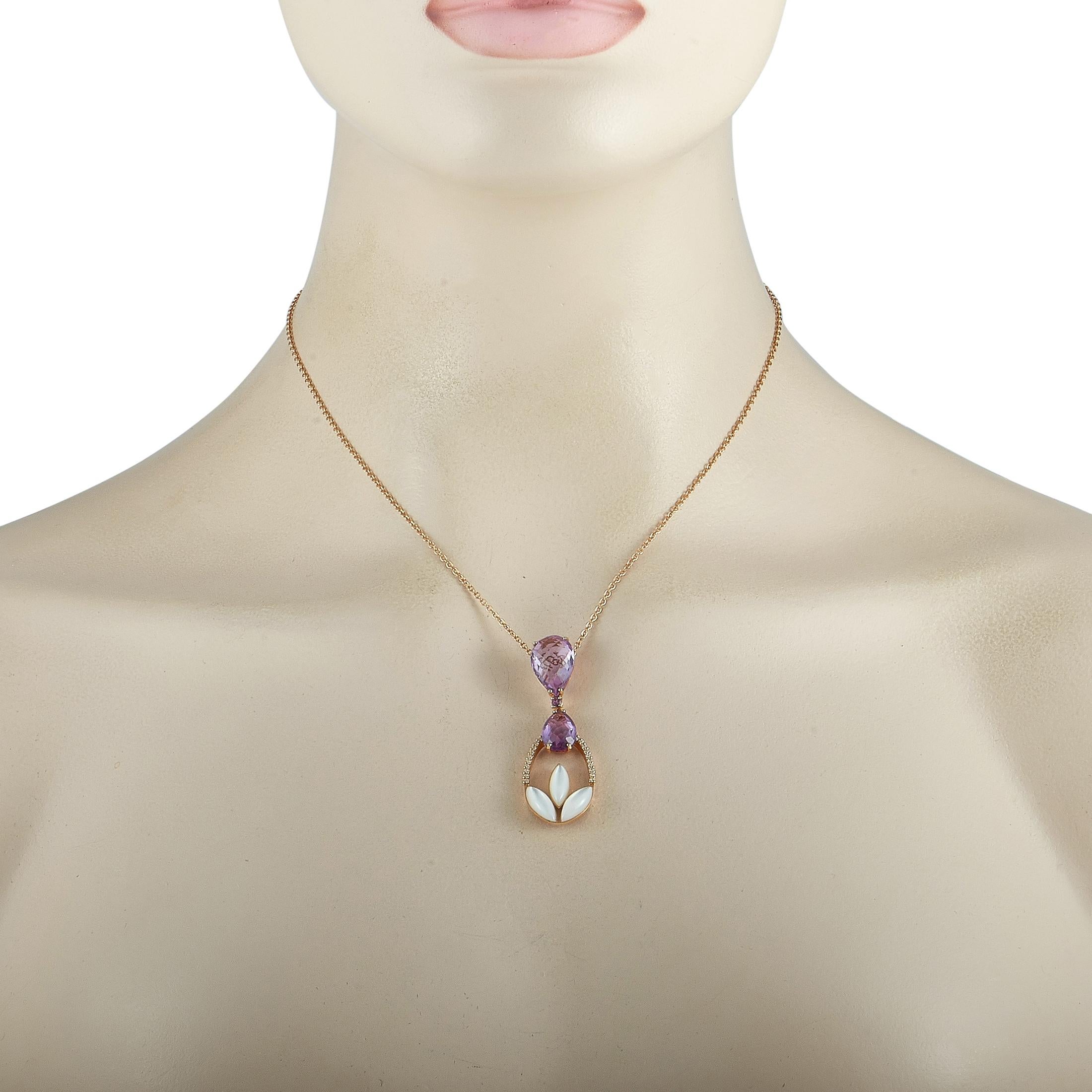 This Oro Trend necklace is crafted from 18K rose gold and embellished with mother of pearl, amethysts, and with diamonds that total 0.18 carats. The necklace weighs 10 grams and is presented with an 18” chain, boasting a pendant that measures 2” in