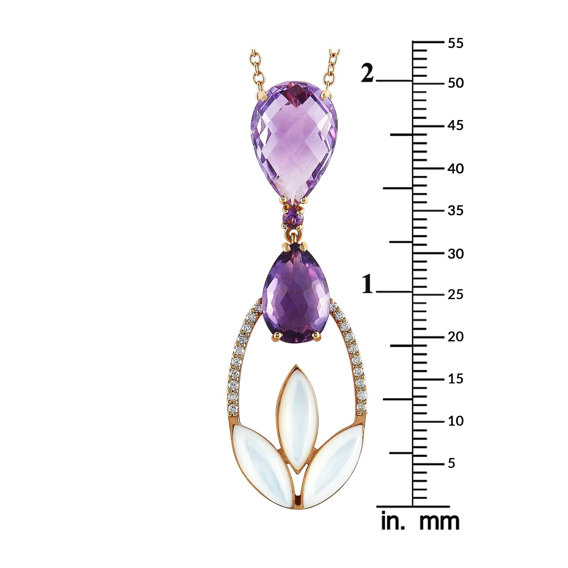 Round Cut Oro Trend 18 Karat Gold 0.18 Carat Diamond Amethyst and Mother of Pearl Necklace