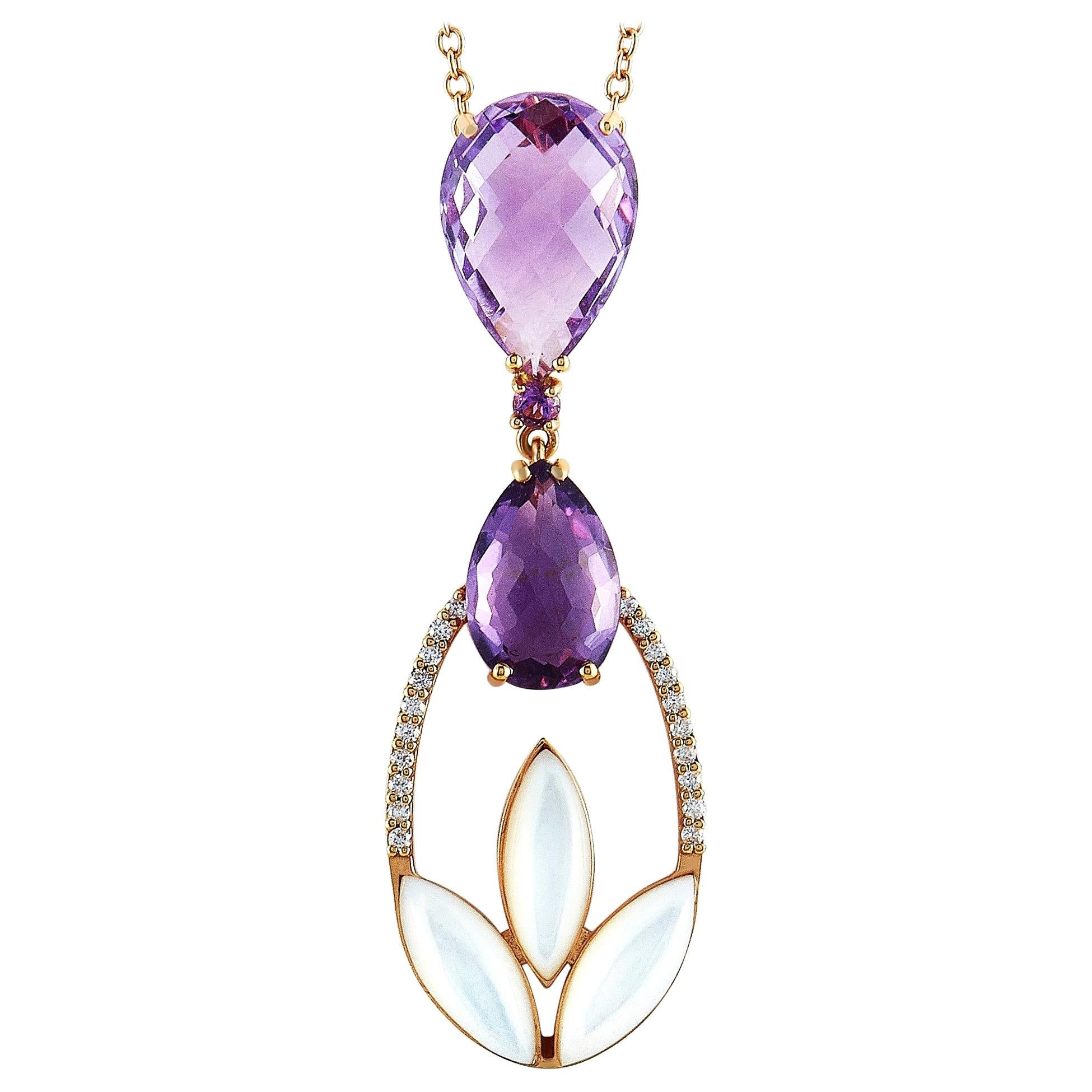 Oro Trend 18 Karat Gold 0.18 Carat Diamond Amethyst and Mother of Pearl Necklace