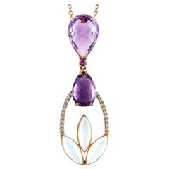 Oro Trend 18 Karat Gold 0.18 Carat Diamond Amethyst and Mother of Pearl Necklace