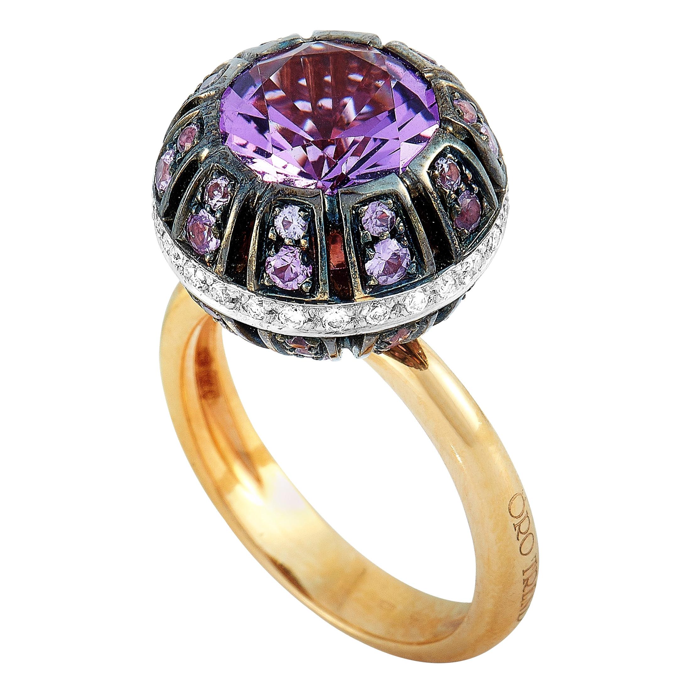 Oro Trend 18 Karat Gold 0.22 Carat Diamond, Amethyst and Purple Sapphire Ring