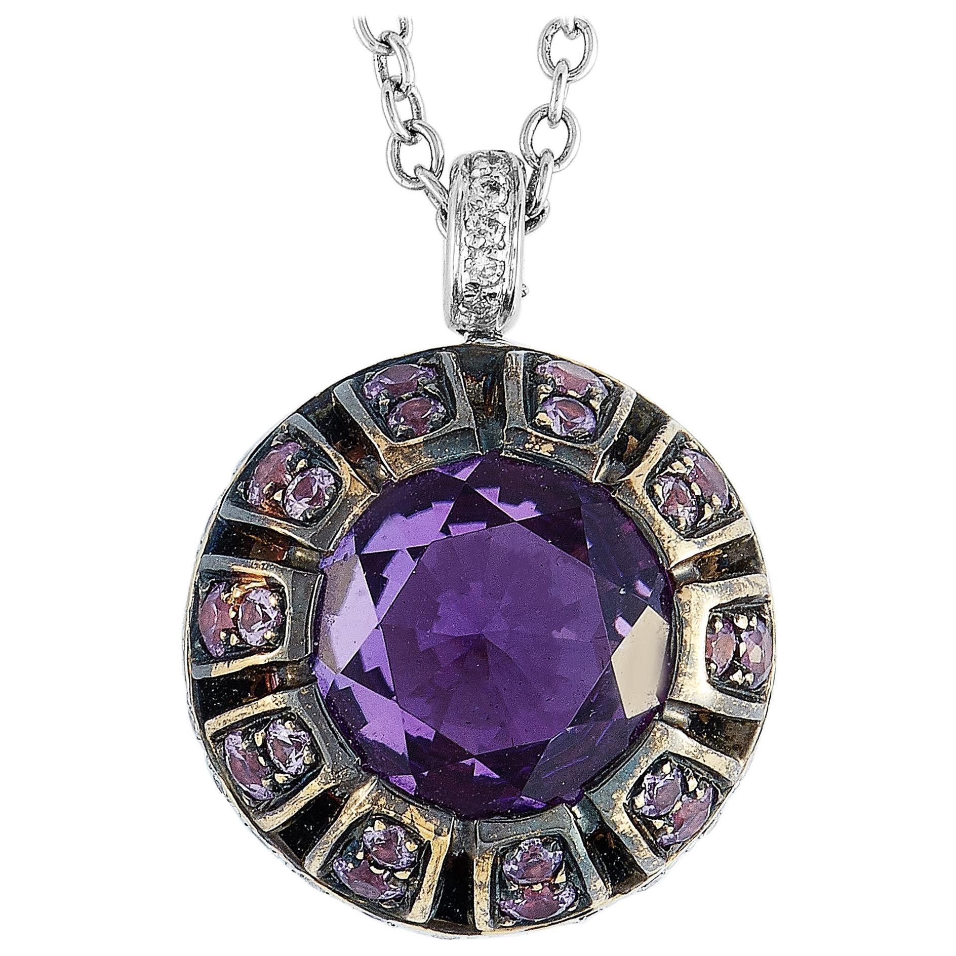 Oro Trend 18 Karat Gold 0.23 Carat Diamond Purple Sapphire and Amethyst Necklace