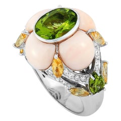 Oro Trend 18 Karat Gold 0.30 Carat Diamond Imperial Topaz Coral and Peridot Ring